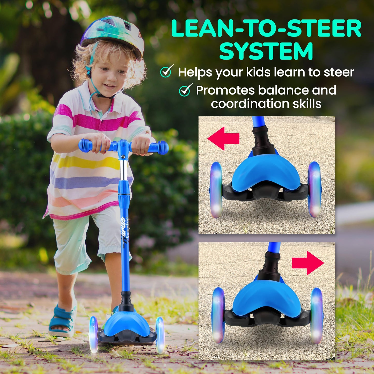 Hurtle Mini Kickboard Scooter for Kids - Height Adjustable 25''-28'', Lightweight 3-Wheel with LED Light-up Wheels, Anti-Slip, Indoor/Outdoor Fun, for Ages 2-5 (Blue)