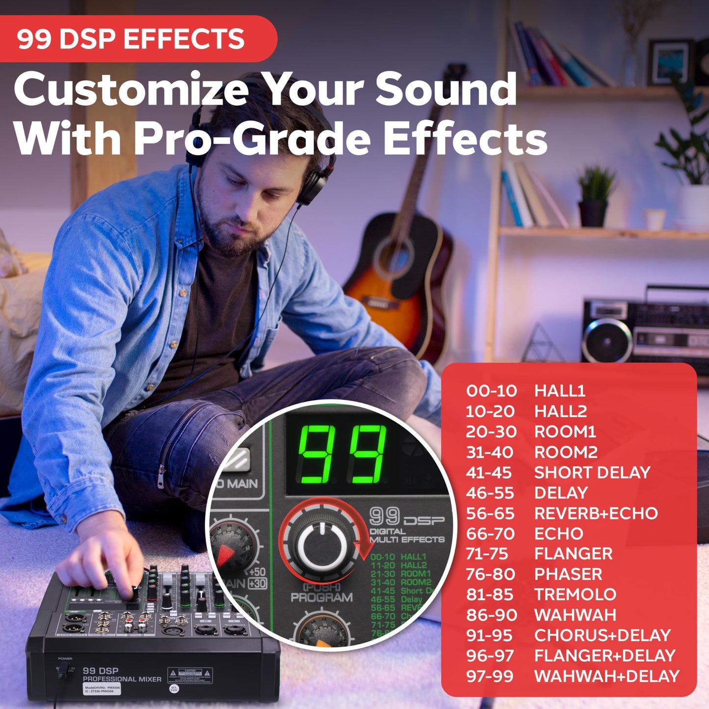 Pyle 6-Channel Audio Mixer - Bluetooth 5.0 Studio Mixer/DJ Controller with Digital Effects - USB Interface - MP3 Compatible - XLR Inputs and LED Display - Audio Mixing Sound Board System - PMX506