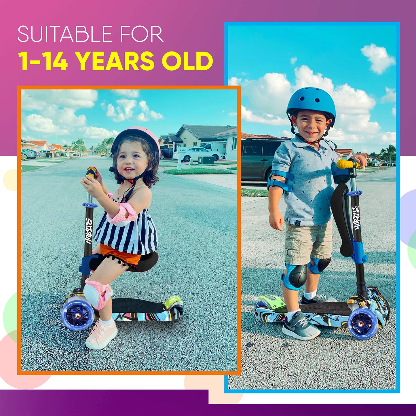 Hurtle ScootKid 3 Wheel Toddler Child Mini Ride On Toy Tricycle Scooter with Adjustable Handlebar, Foldable Seat, and Colorful LED Light Up Smooth Rolling Wheels, Graffiti