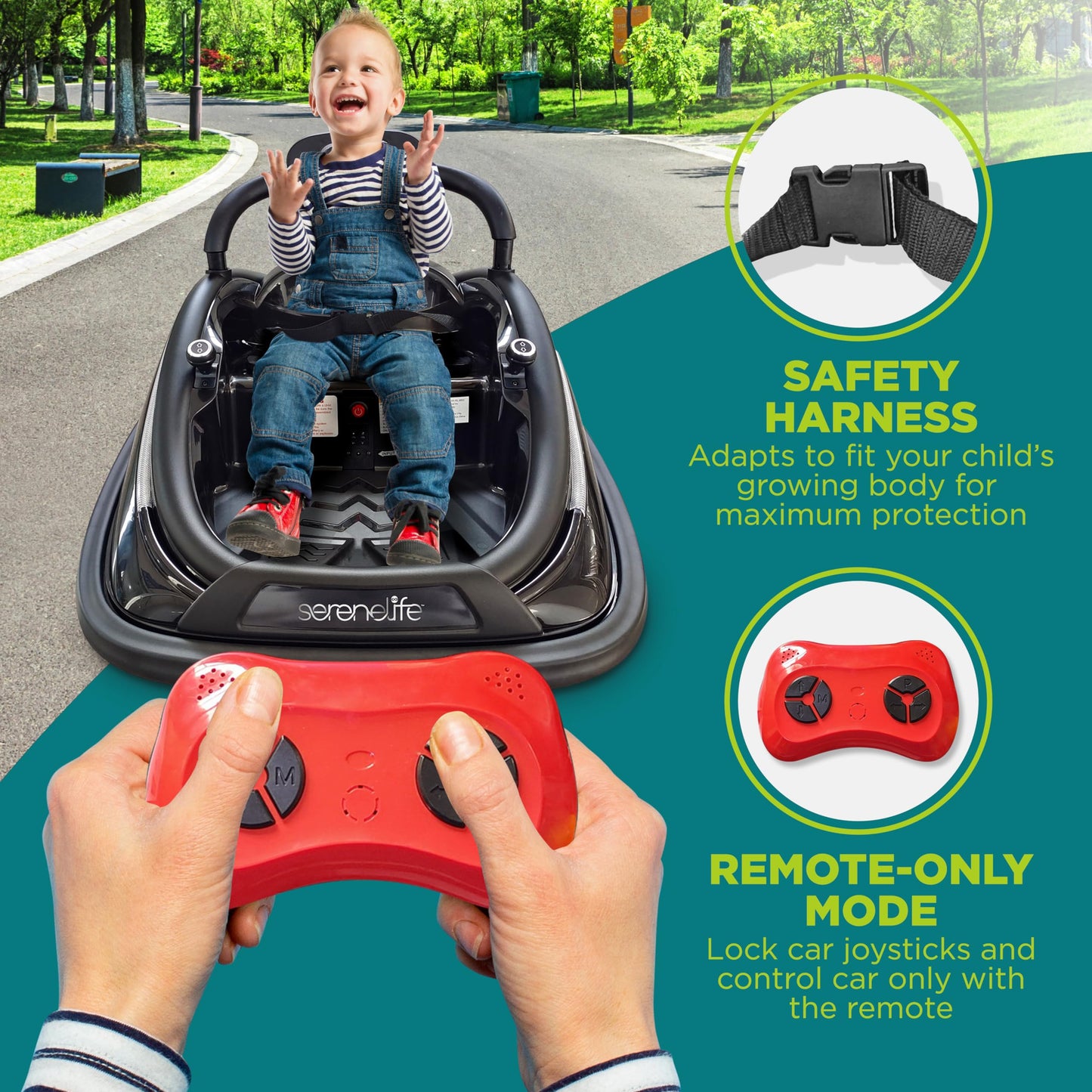 SereneLife 12V Electric Bumper Car for Kids – Remote Control Option, 360° Spin, LED Lights, Safety Belt, Kids Toddler Baby Bumper Car 3-8 Years (Black)