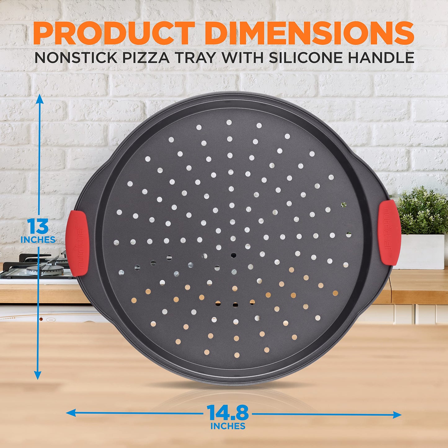 NutriChef 13-Inch Nonstick Pizza Tray - Round Carbon Steel Non-Stick Pizza Baking Pan with Perforated Holes, Premium Bakeware Pizza Screen with Silicone Grip Handles, Dishwasher Safe - NCBPIZ1