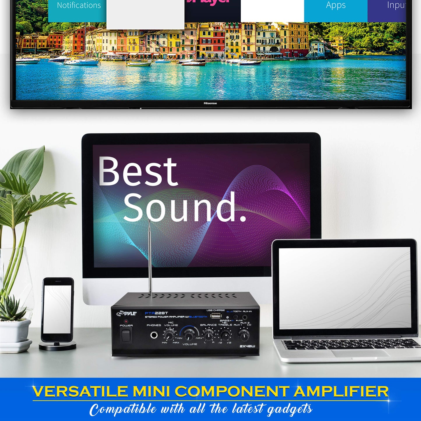 Pyle Bluetooth 5.0 Mini Home Audio Amplifier - 40W x 2 Compact Desktop Stereo Receiver with USB - SD - FM - Mic Input - Pager & Mixer Karaoke Modes - RCA Input - AUX - Headphone Jack - PTA22BT