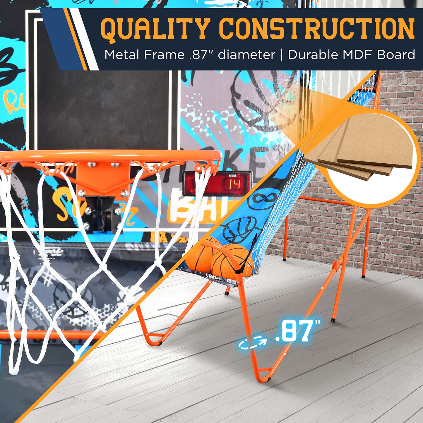 SereneLife Single Hoop Basketball Shootout Indoor Home Arcade Room Game with Electronic LED Digital Basket Ball Shot Scoreboard&Play Timer Fold-up Court Shooting Sports for Adults Player, Blue