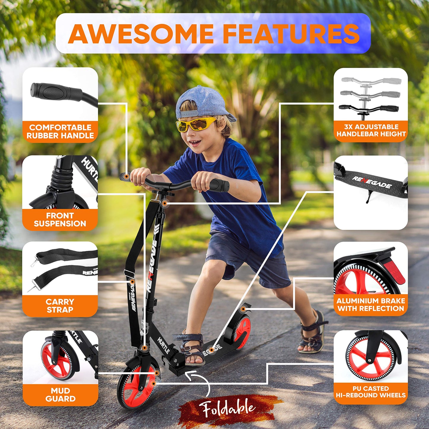 Hurtle Lightweight and Foldable Kick Scooter - Adjustable Scooter for Teens and Adult, Alloy Deck with High Impact Wheels (Black)