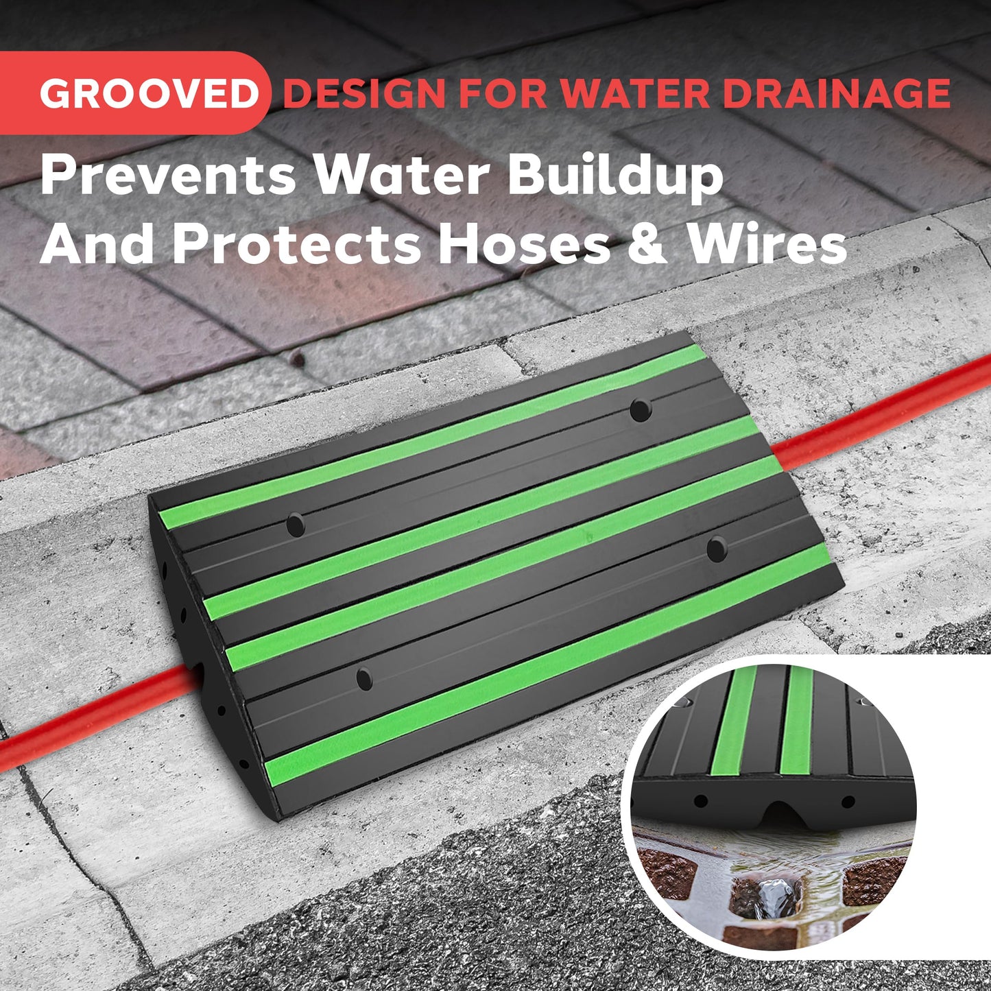 Pyle 2 Ft. Rubber Threshold Curb Ramp for Driveway - Heavy Duty Non-Slip Ramp for Vehicles - Green Reflective Strip, Marine Grade Waterproof, Ideal for Driveways & Sidewalks, 24.0"x16.0"x2.6" Inches