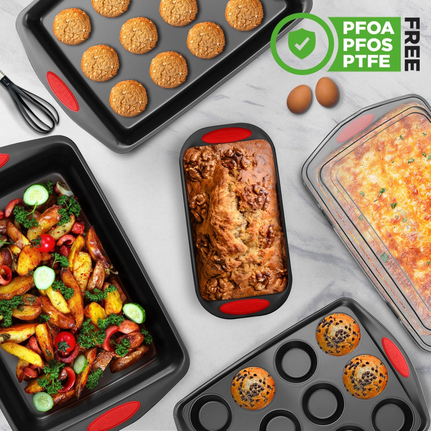 NutriChef 6-Piece Nonstick Baking Pan Set - Premium Steel Bakeware w/Silicone Handles - Includes 2 Baking Sheets, 12-Cup Muffin, Loaf, & Roaster Pan w/BPA-Free Lid - Easy to Clean, Black