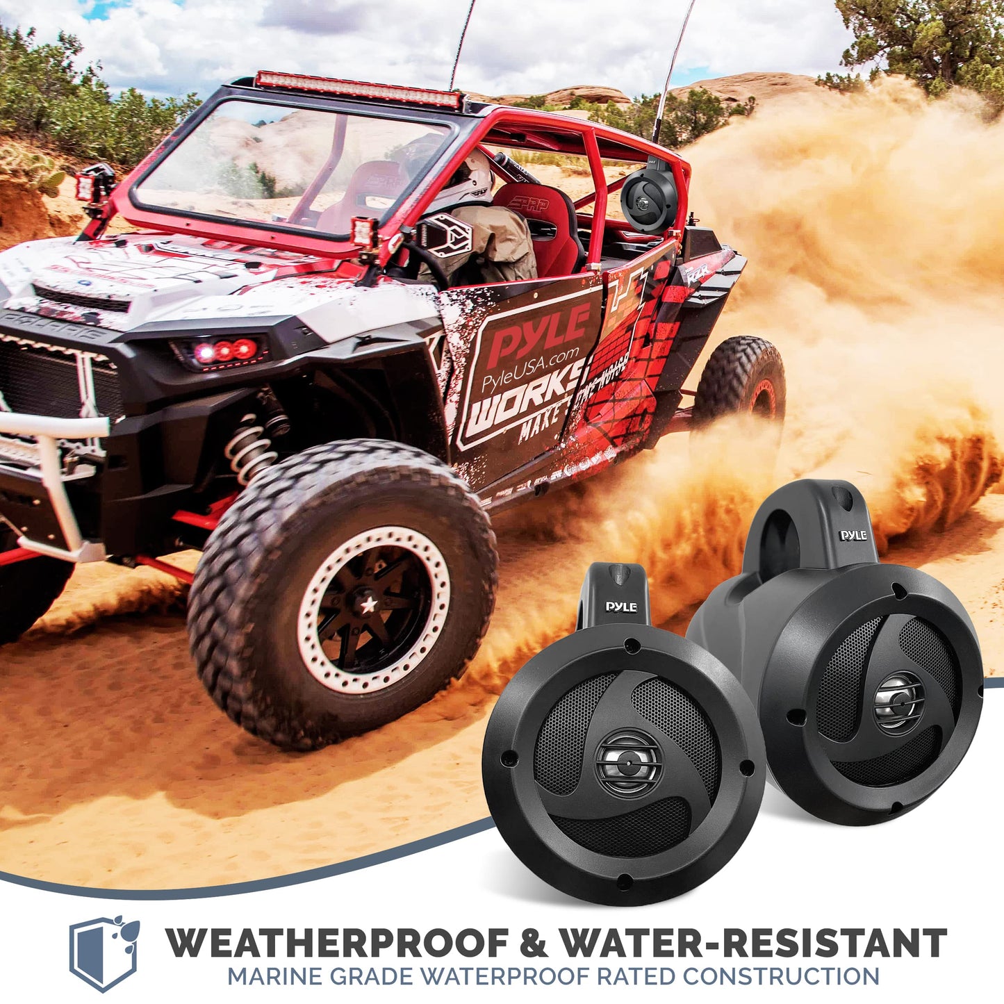 Pyle 2-Way Passive Waterproof Off-Road Speaker System - 4 Inch 900w Peak, Marine Grade Wakeboard Tower Speakers, Full-Range Outdoor Audio Speaker for ATV, UTV, Quad, Jeep, Boat - 1 pair - Black