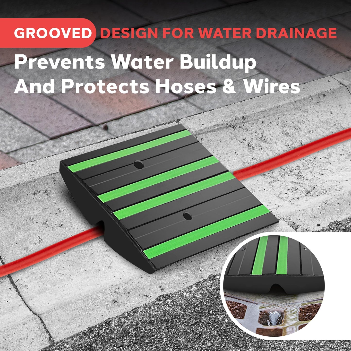 Pyle 1 Ft. Rubber Threshold Curb Ramp with Green Reflective Strips, Expansion Screws for Driveways, Car & Vehicle Use, Single Wear-Resistant Non-Slip Rubber Ramp, 12.0’’ x 16.0’’ x 2.6’’ Inches