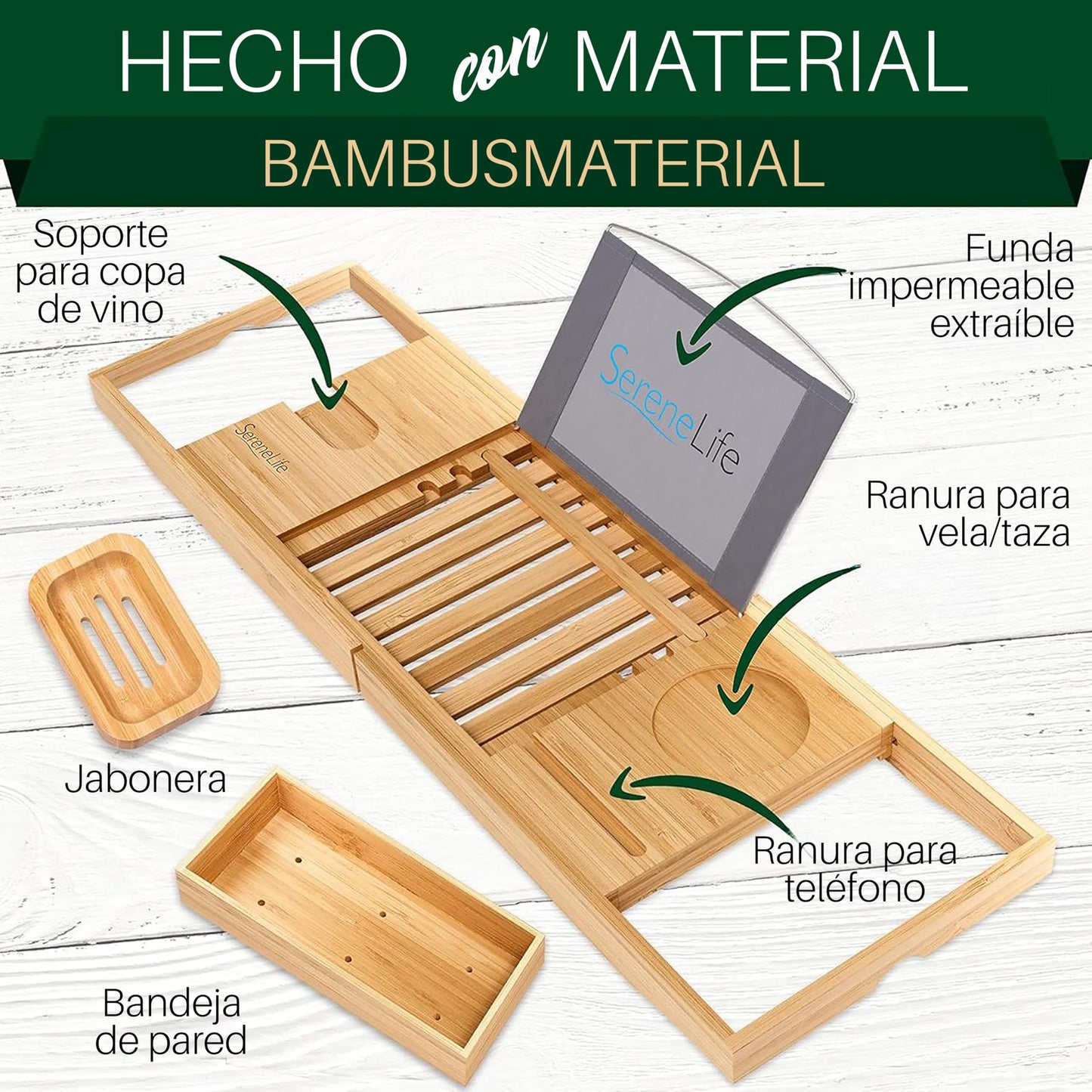 SereneLife Bamboo Bathtub Caddy with Luxury Gift Box and Red Gifting Ribbon Extendable & Adjustable Tray with Device/Book Holder with Removable Trays for Bath Accessories (Natural)
