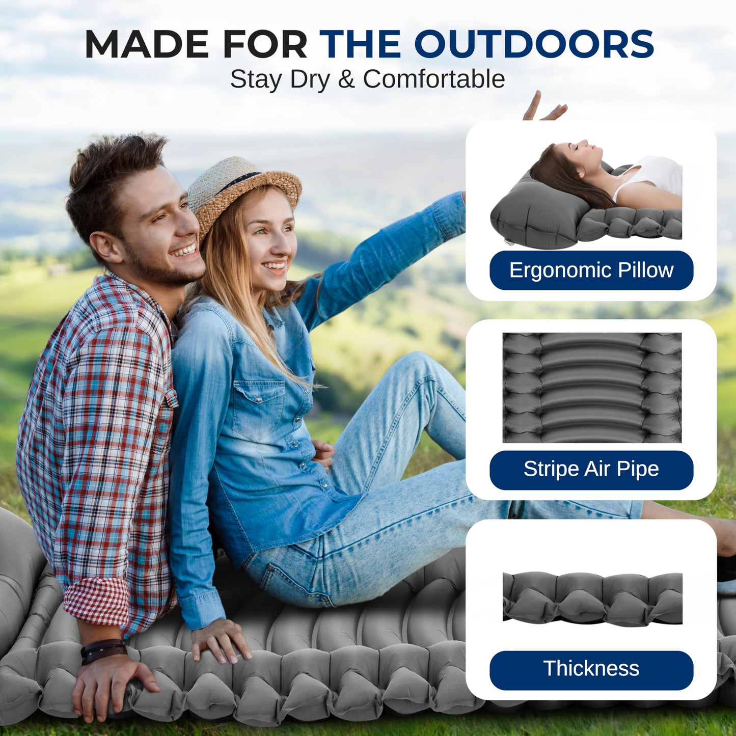 SereneLife Sleeping Pad with Pillow for Camping - Compact Sleeping Mat with Fast Inflation, Lightweight, and Tear-Resistant Backpacking Air Mattress with Carry Bag for Camping, Backpacking, Hiking