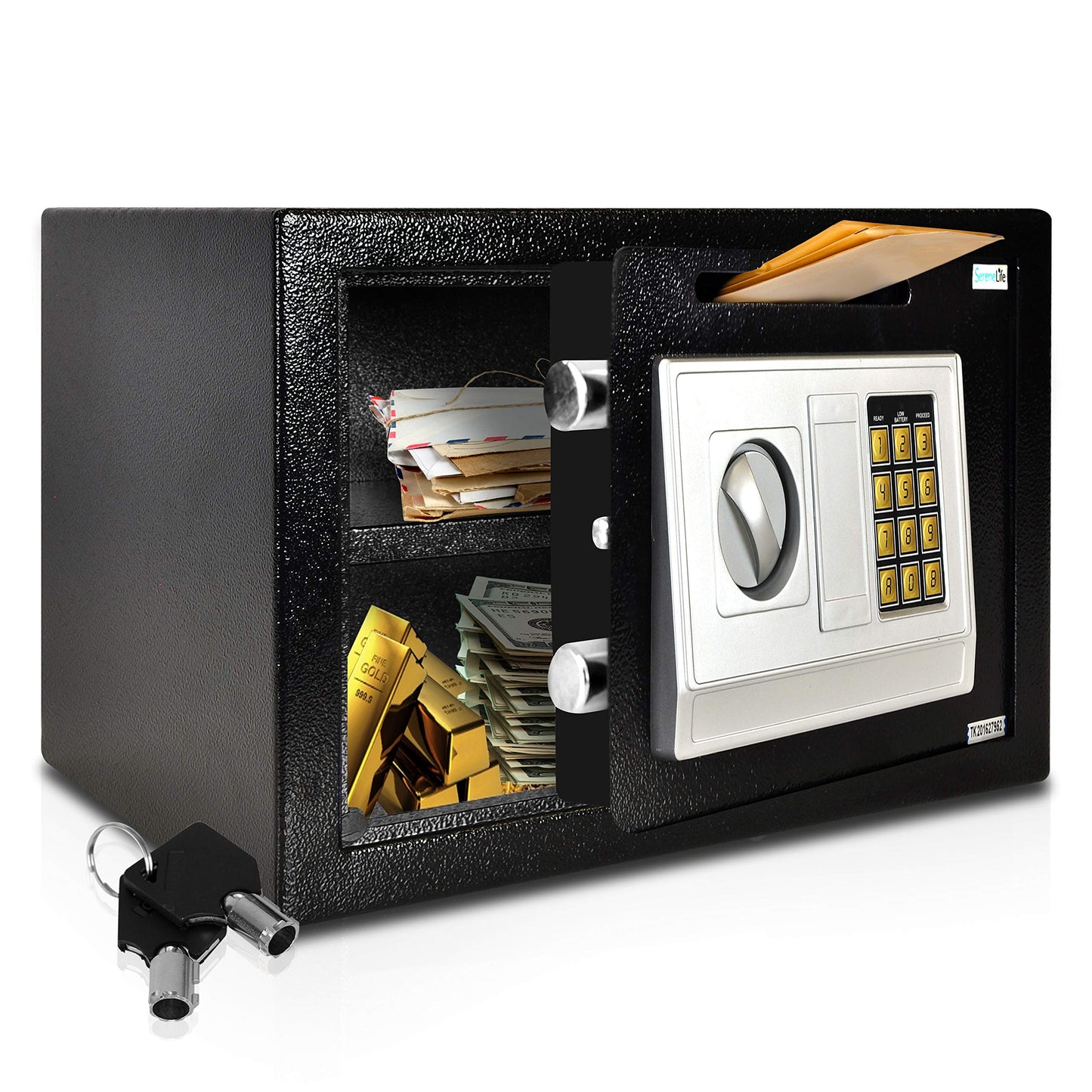 SereneLife Drop Box Safe Front Load Cash Vault Drop lock and Safe For Jewlery Cash documents with Mechanical Override, Includes Keys 13.8 x 9.8 x 9.8 inches (SLSFE342)