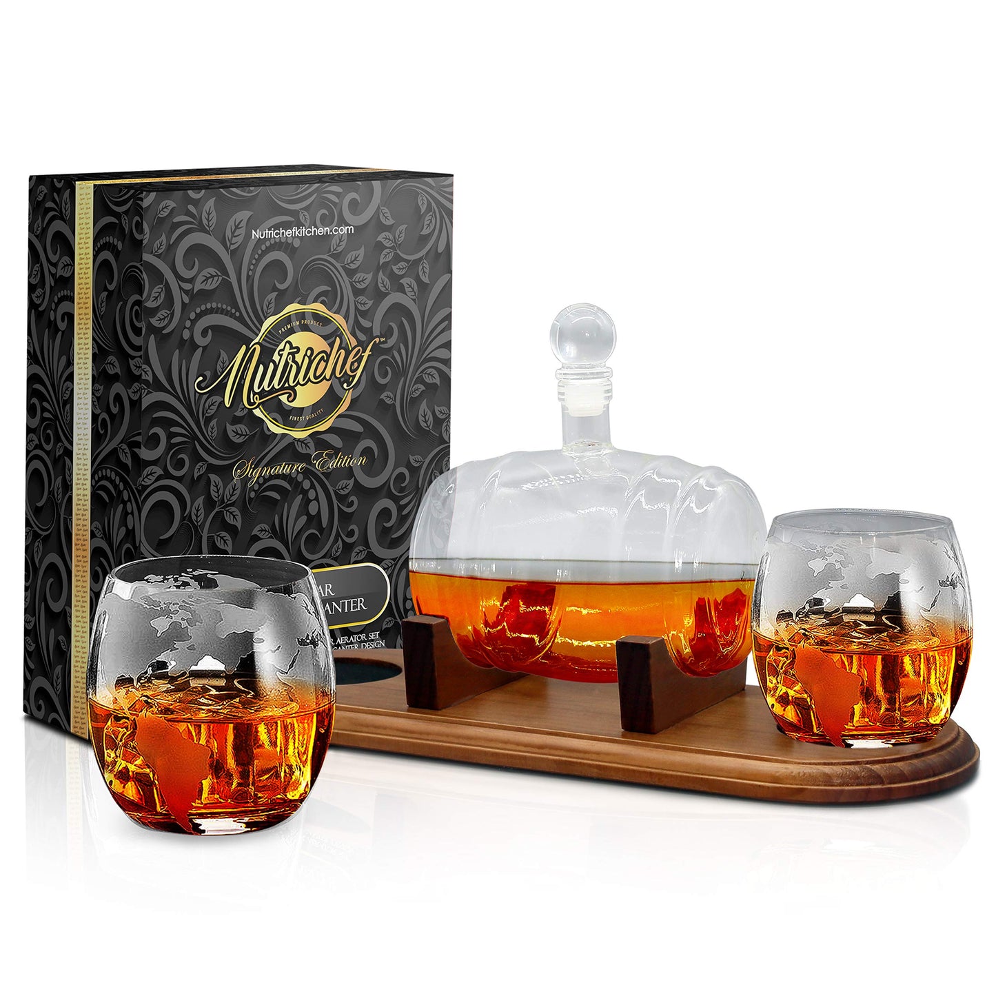 NutriChef Glass Whiskey Decanter - 750ml Barrel Whiskey Carafe Alcohol Decanter Set with Glasses, Liquor Decanter w/ Stopper & Base, For Brandy Wine Cognac Rum Gin Scotch Bourbon - NCGDS19