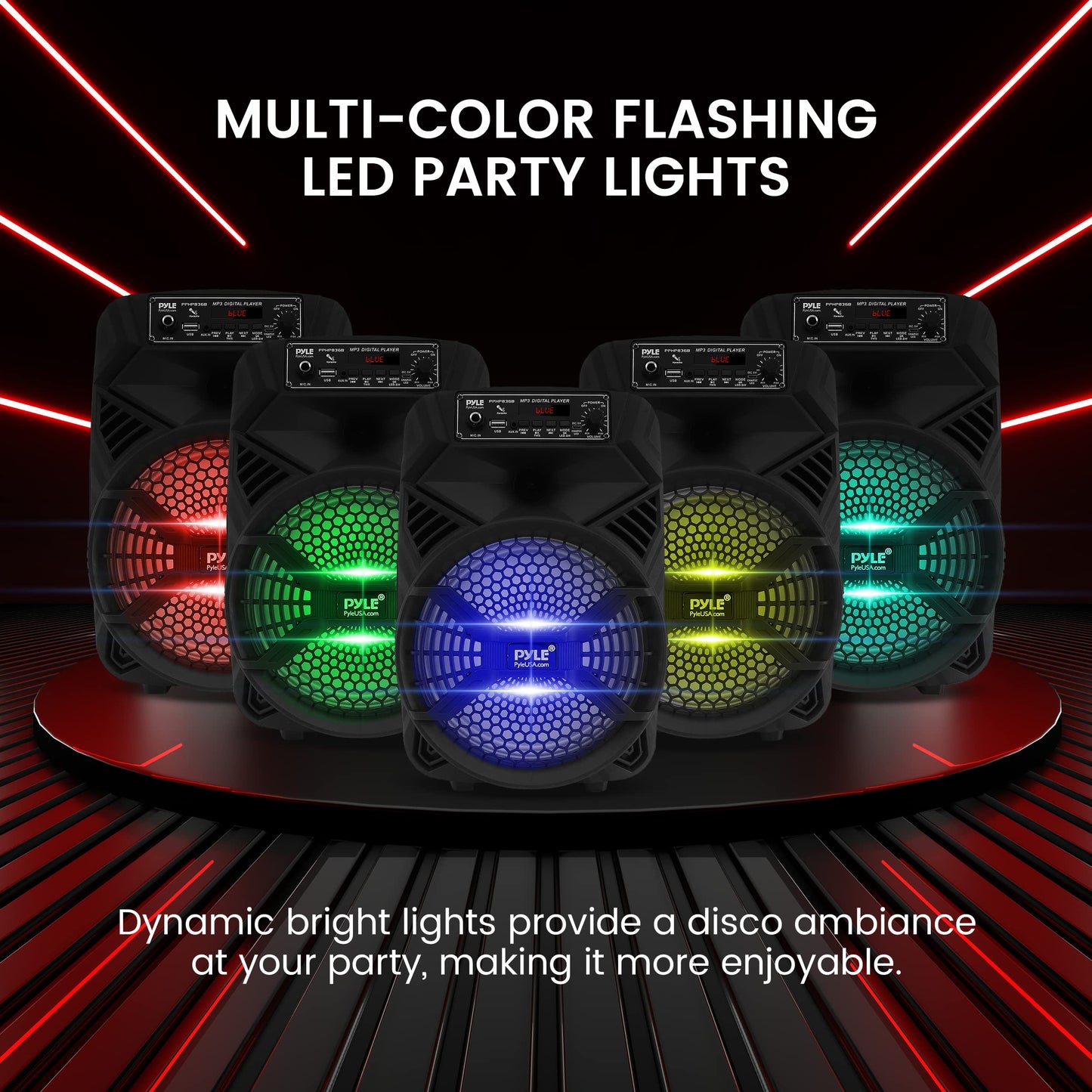 Portable Bluetooth PA Speaker System - 300W Rechargeable Indoor/Outdoor Bluetooth Portable PA System w/ 8” Subwoofer 1” Tweeter, Microphone In, Party Lights, MP3/USB, Radio, Remote - Pyle PPHP836B