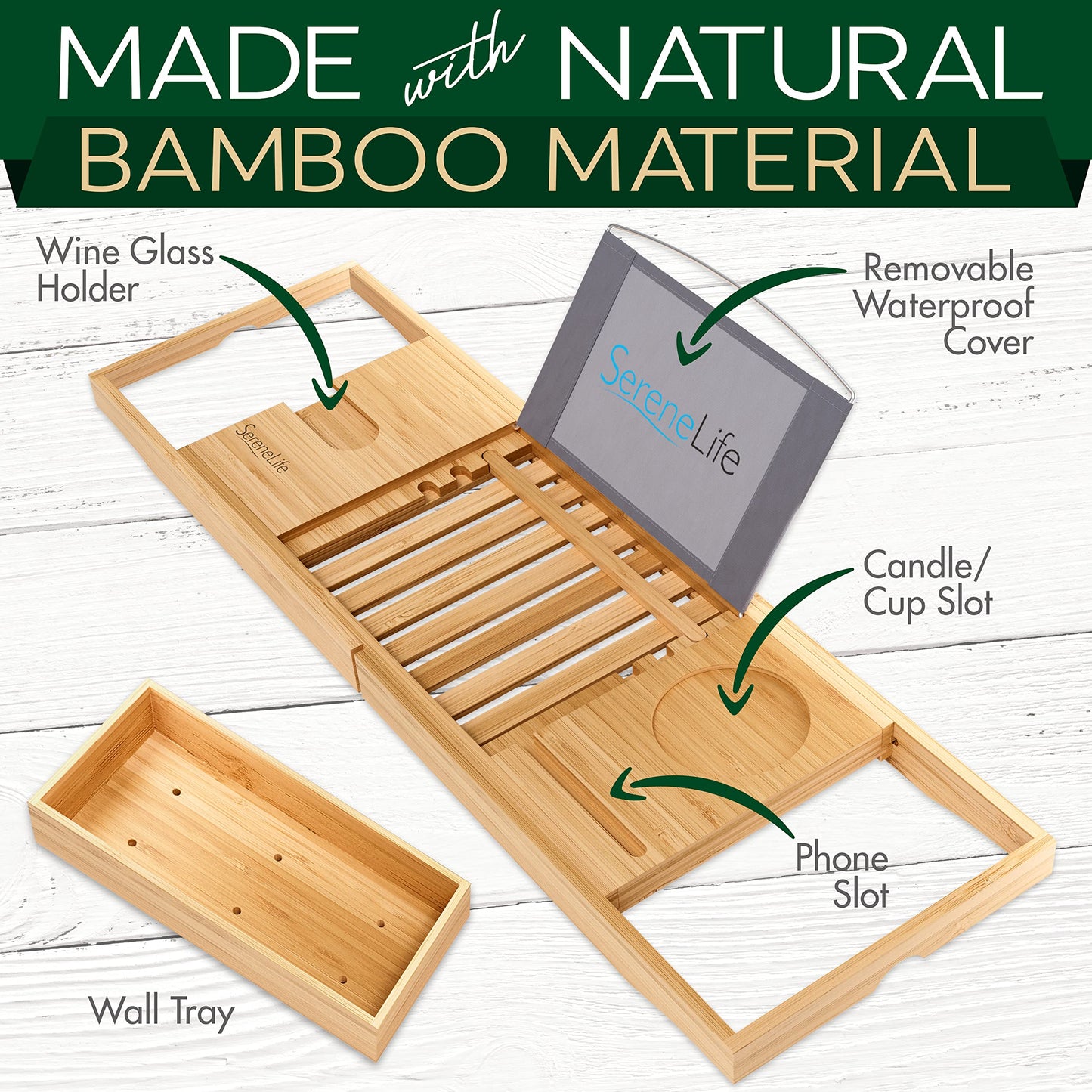 SereneLife Luxury Bamboo Bathtub Caddy Tray - Adjustable Natural Wood Bath Tub Organizer with Wine Holder, Cup Placement, Soap Dish, Book Space & Phone Slot for Spa, Bathroom & Shower - SLBCAD20