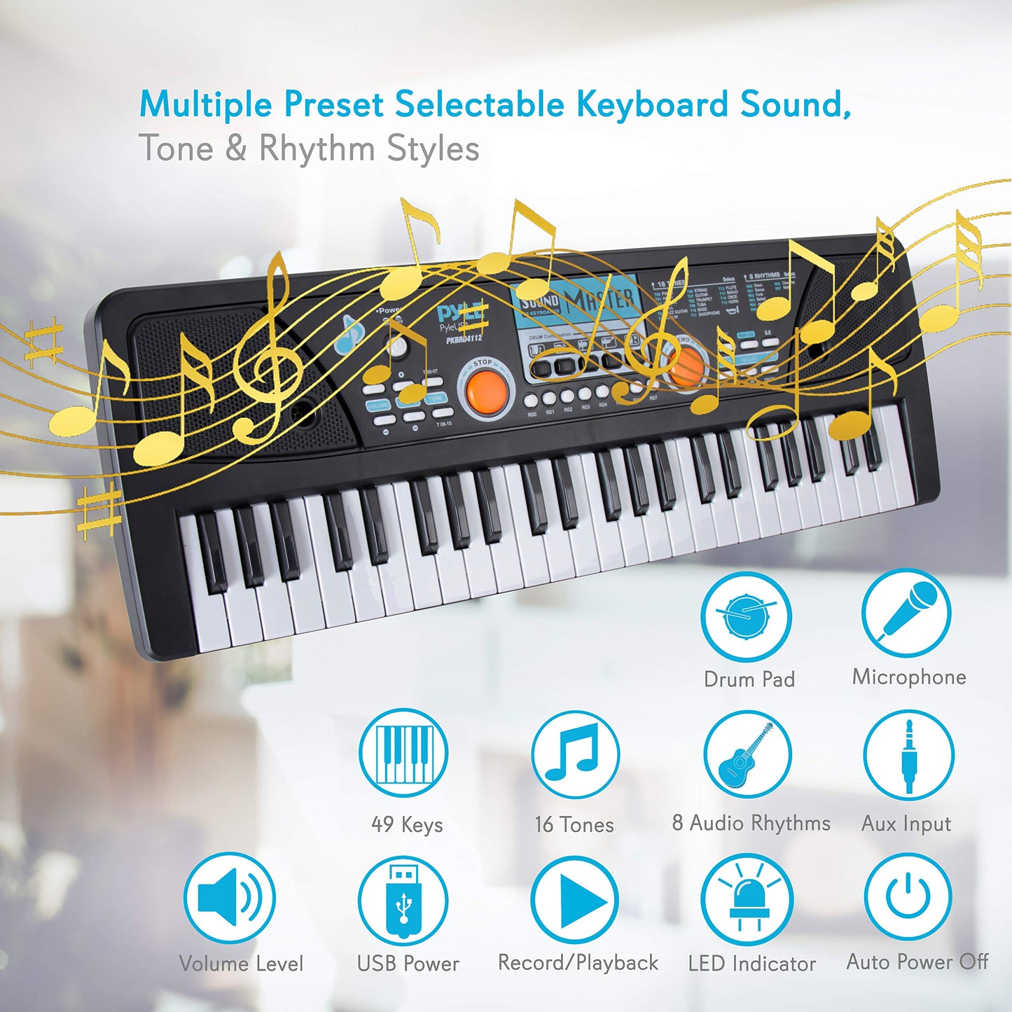 PYLE 49-Key Electric Keyboard Piano – Portable Music Keyboard with Drum Pad, Built-In Microphone, Record & Playback Mode for Home Studio, School & On-the-Go Performance– Ideal for Beginners & Kids