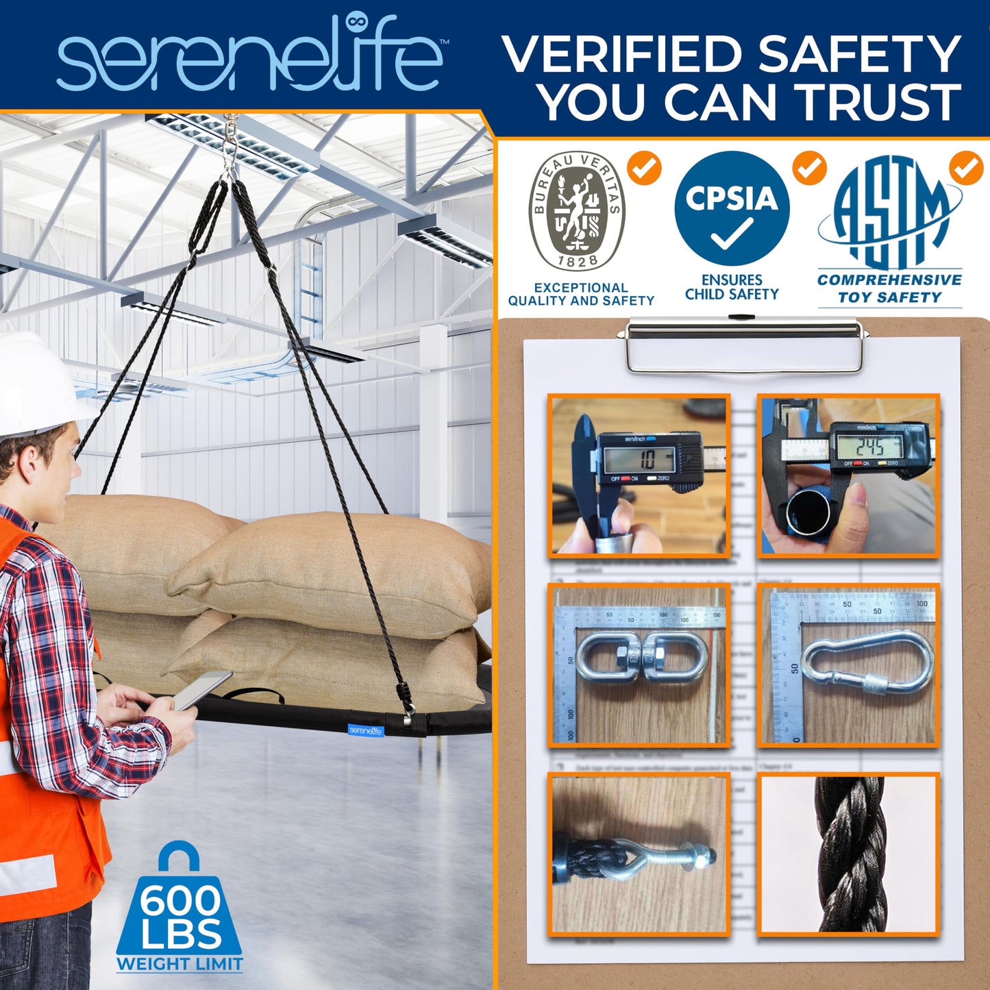 SereneLife 67" Oval Saucer Swing - Giant Outdoor Swing Set with Universal Hanging Kit, Swinging Seat Spinner with Carry Bag, Weatherproof, Water-Resistant, Supports Up to 700 lbs, Black