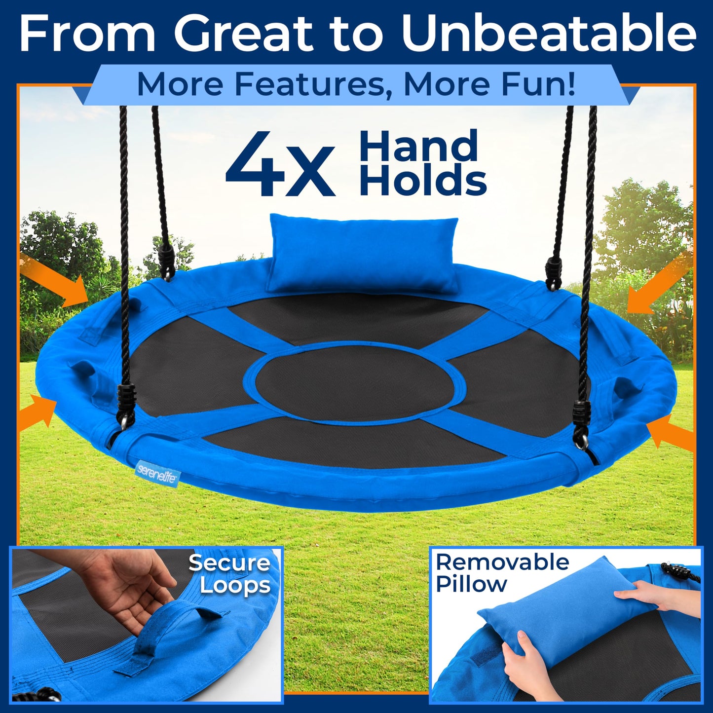 SereneLife 40" Saucer Swing - Outdoor Swing Set with Universal Hanging Kit, Swinging Seat Spinner with Pillow & Carry Bag, Weatherproof, Water-Resistant, Supports Up to 700 lbs, Blue