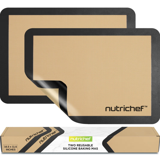 Nutrichef Silicone Baking Mats - 2 Non-stick Food-Grade Reusable Silicone Mats - Perfect for Half Baking Pans 16.5 x 11.6 IN - Oven-Safe Up to 480 Degrees F - Safe for Ovens & Dishwashers - Black