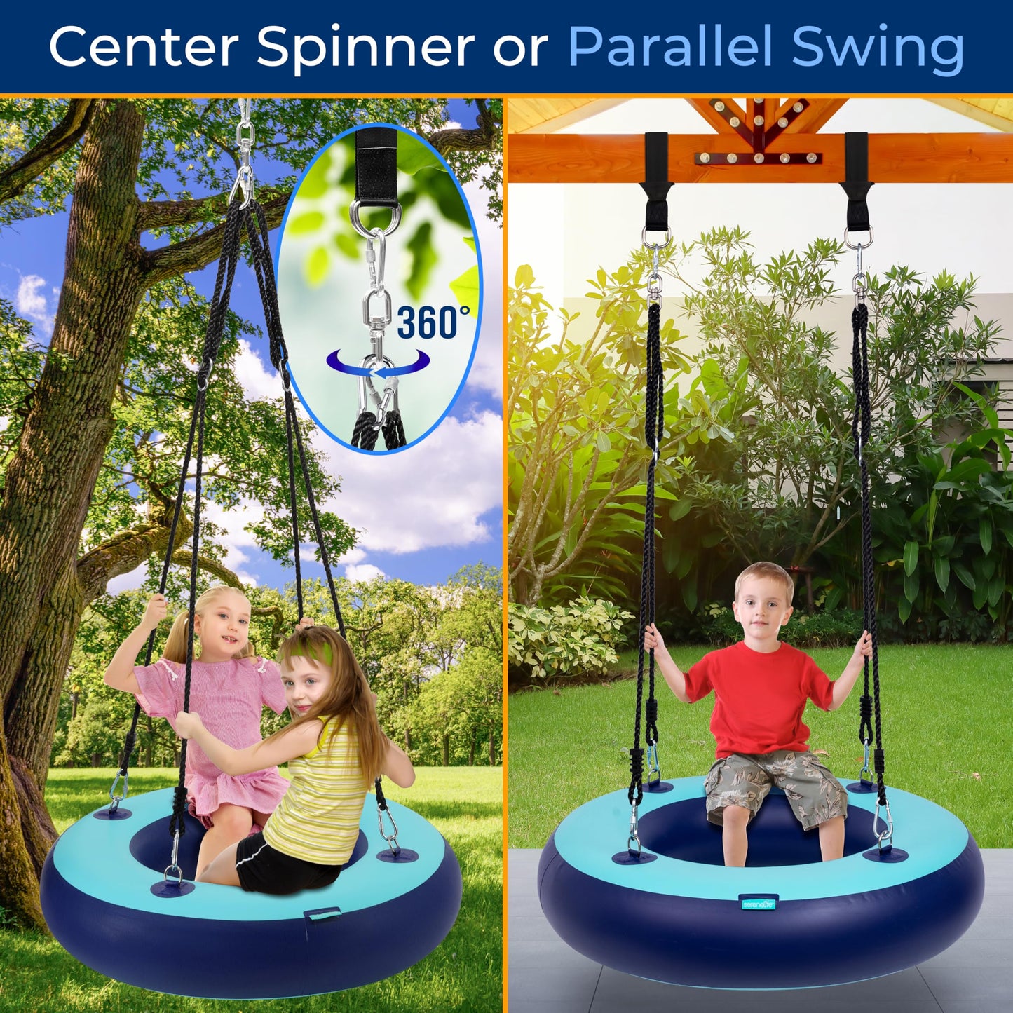SereneLife 36” Inflatable Tire Swing with Hang Kit, 600lbs Capacity Heavy Duty Tire Swing with UV and Puncture Resistance, 360 Swivel, Hand Pump, Adjustable Ropes, Carry Bag, Hangs on Trees and Posts