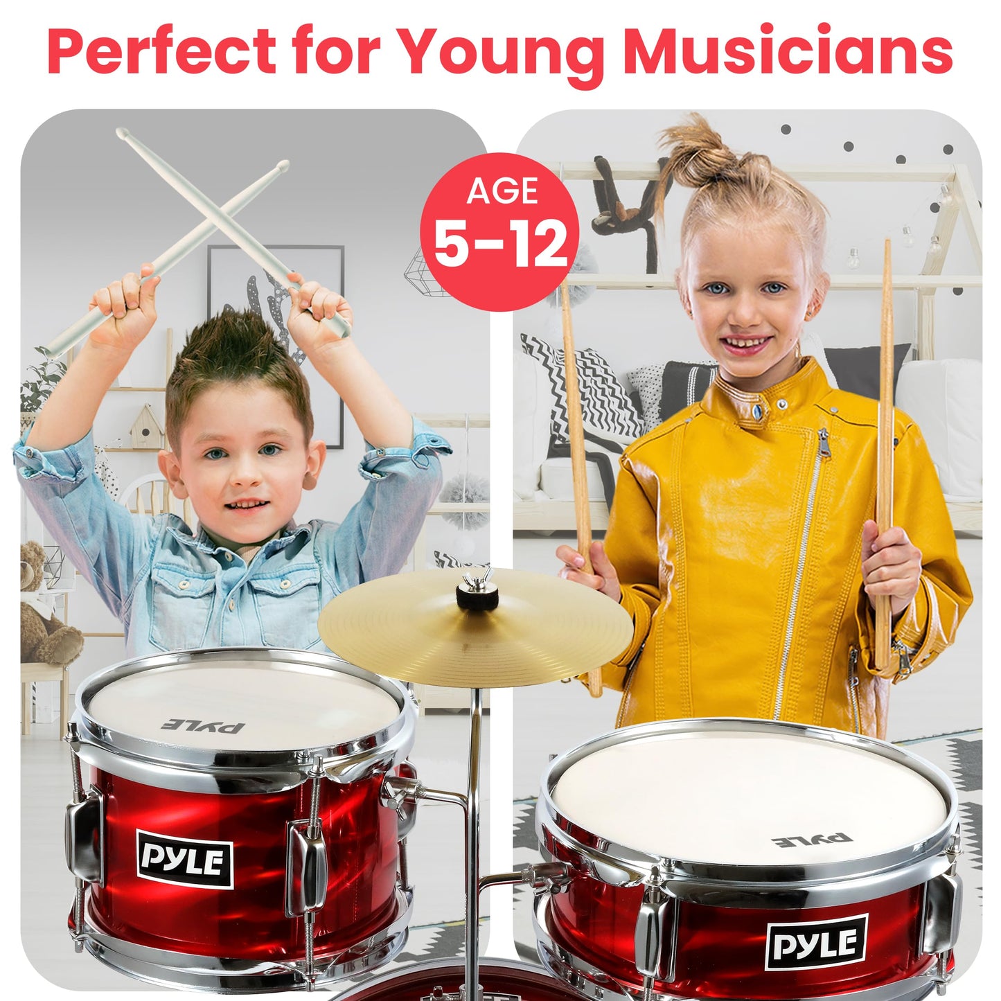 Pyle Kids Drum Set, 3 Piece Beginner Junior Drummer Kit with 13" Bass Drum, Snare, Tom, Cymbal, Adjustable Throne, Mutes, Drumsticks, Red