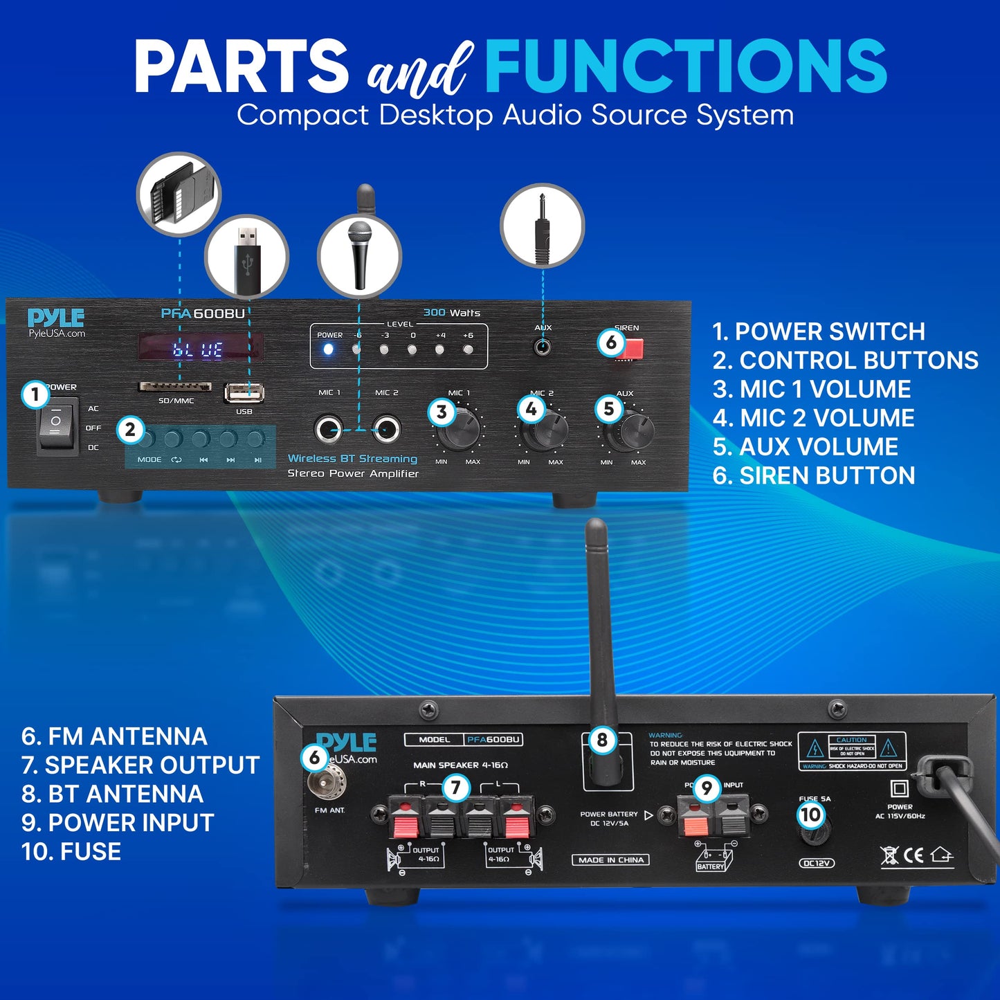 Pyle 300W Bluetooth Karaoke Amplifier - 2-Channel PA System with FM Radio - USB/SD - AUX - 2 Mic Inputs - Siren Alarm - 12V Power Option - Remote Control for Home - Car - Bus Tours - PFA600BU