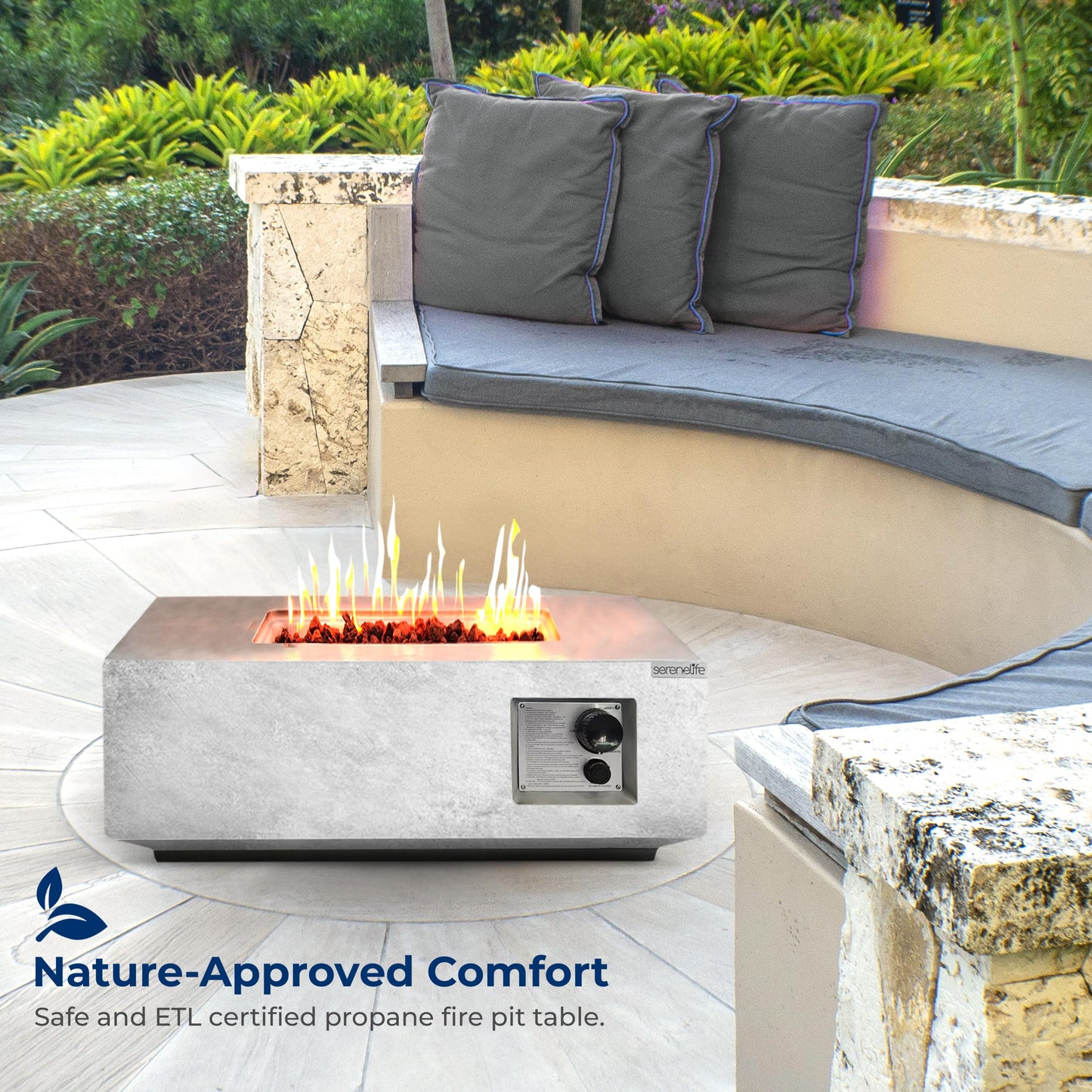 SereneLife Propane Gas Fire Pit Table - 40,000 BTU Square Outdoor Firepit with Cover, Lava Rock, and Adjustable Flame Height