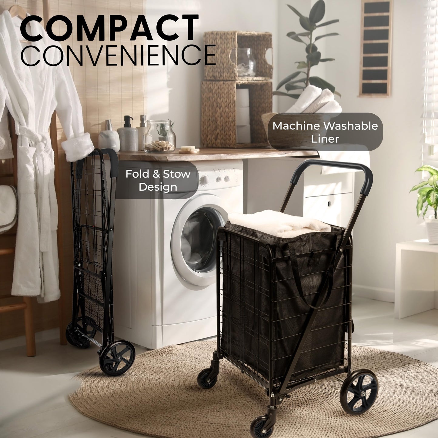 SereneLife Small Compact Folding Shopping Cart with Removable Waterproof Liner – 360° Swivel Wheels, Rust‑Proof Steel Frame, 70 lb Capacity – Portable Grocery, Laundry & Travel Cart (Black)