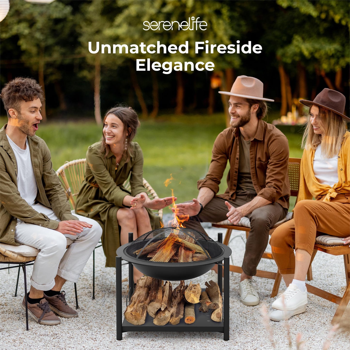 SereneLife 26" Outdoor Wood Fire Pit with BBQ Grill, Mesh Screen, and Wood Storage – Heavy-Duty Steel Frame, Heat-Resistant – Ideal for Bonfires, Camping, and Outdoor Cooking
