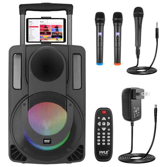 Pyle 10’’ Portable PA Speaker System - Wireless BT Streaming PA & Karaoke Party Audio Speaker, Two Wireless Mic, Wired Microphone, Tablet Stand, Flashing Party Lights, MP3/USB//FM Radio - PHPWA10TB