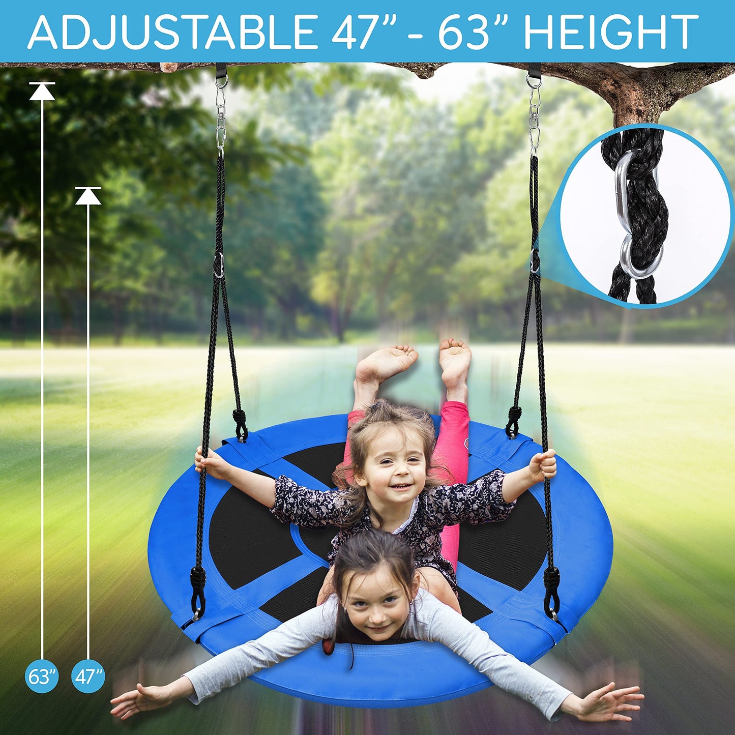 SereneLife Saucer Swing with Tree Hang Kit, 40” Outdoor Tree Swing, 2 Adjustable Hanging Rope Straps and Center Swivel Spinner for Kids (Blue)