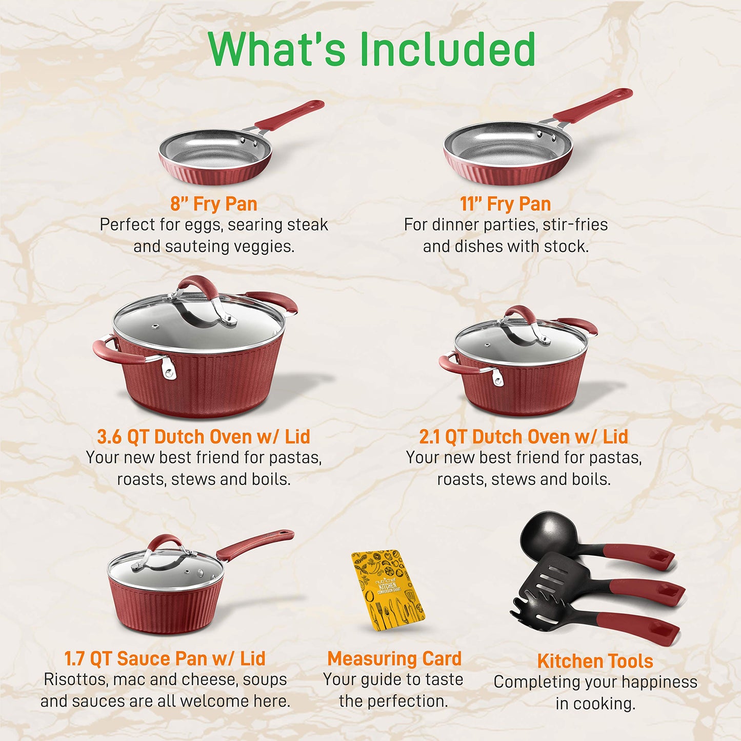 Non-stick Kitchenware Pots & Pans - 11 Pcs. Stylish Kitchen Cookware Set w/Elegant Lines Pattern, Gray Inside & Red Outside, Metal + Silicone Handle, PTFE/PFOA/PFOS Free - NutriChef NCCW11RDL