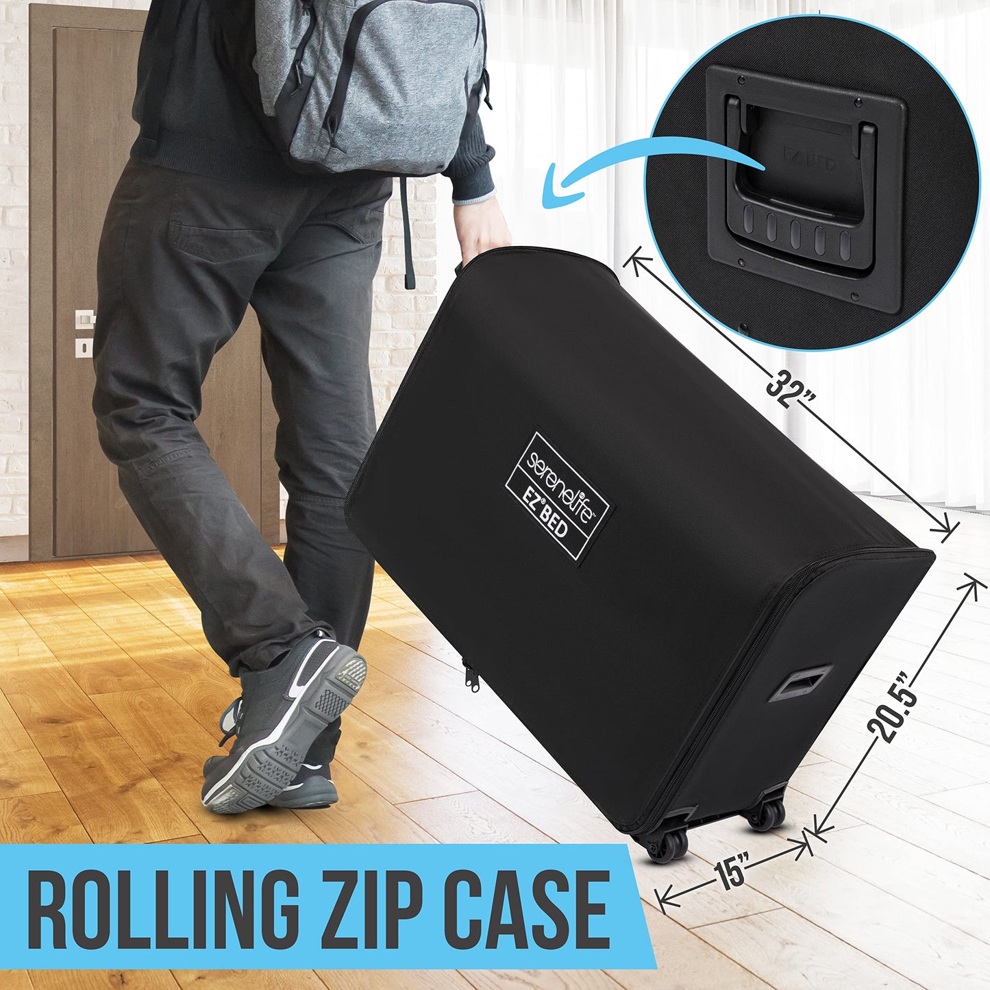 SereneLife EZ Bed Air Mattress with Frame and Rolling Case, Self-Inflating Airbed with Built in Pump for Travel and Hosting, Queen