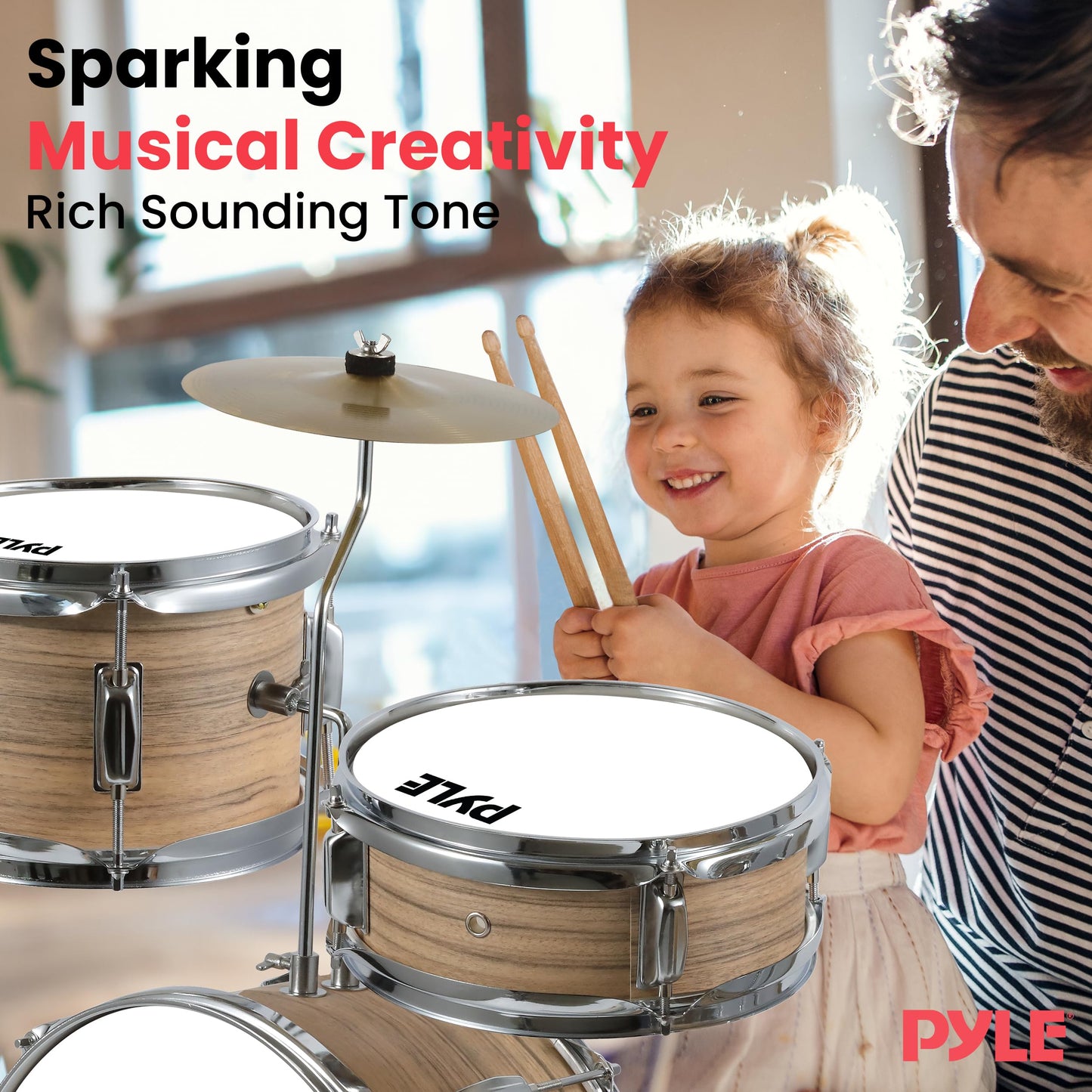 Pyle Kids Drum Set, 3 Piece Beginner Junior Drummer Kit with 13" Bass Drum, Snare, Tom, Cymbal, Adjustable Throne, Mutes, Drumsticks, Natural