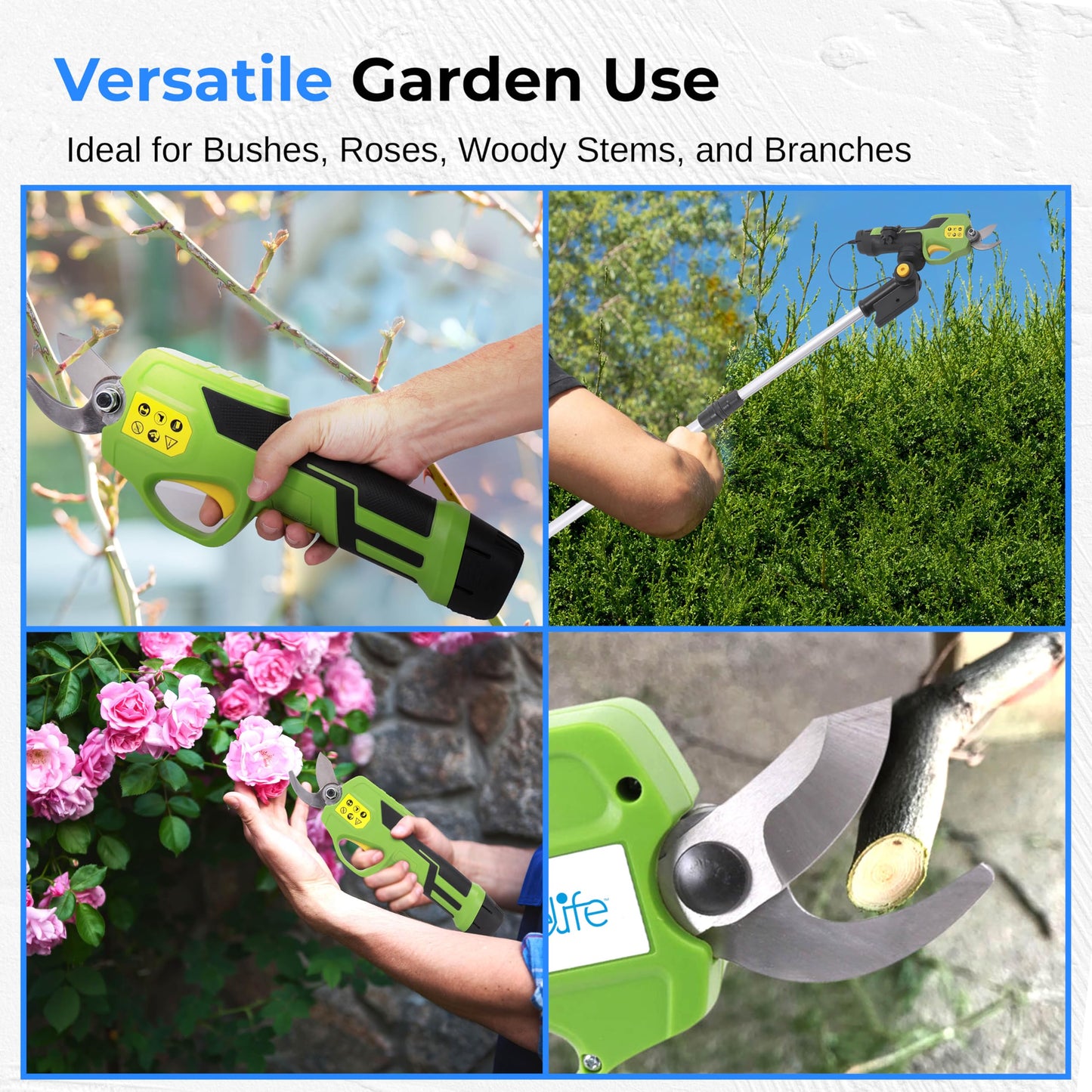 Serenelife Cordless Pruning Shears & Branch Cutter - Electric Pruner with 6 feet of Extension Reach - Rechargeable Battery & .98 IN Cutting Diameter - Ideal for Bushes, Roses, Gardens & Branches