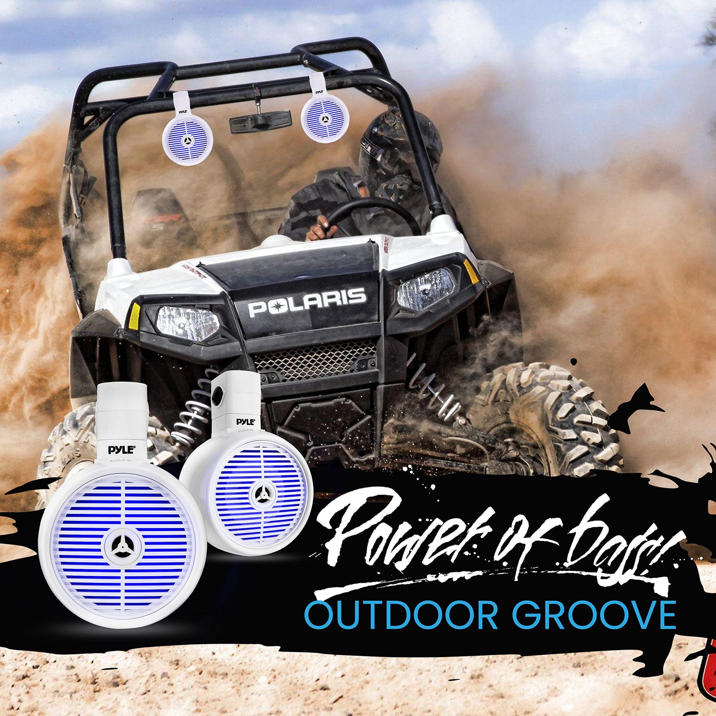 PyleUsa 8” Waterproof Off-Road Speakers - 300W 2-Way Marine Wakeboard Tower Sound System w/LED Light, Full Range Outdoor Stereo Speaker for Car, ATV, UTV, Jeep, Boat, Includes Brackets (White)