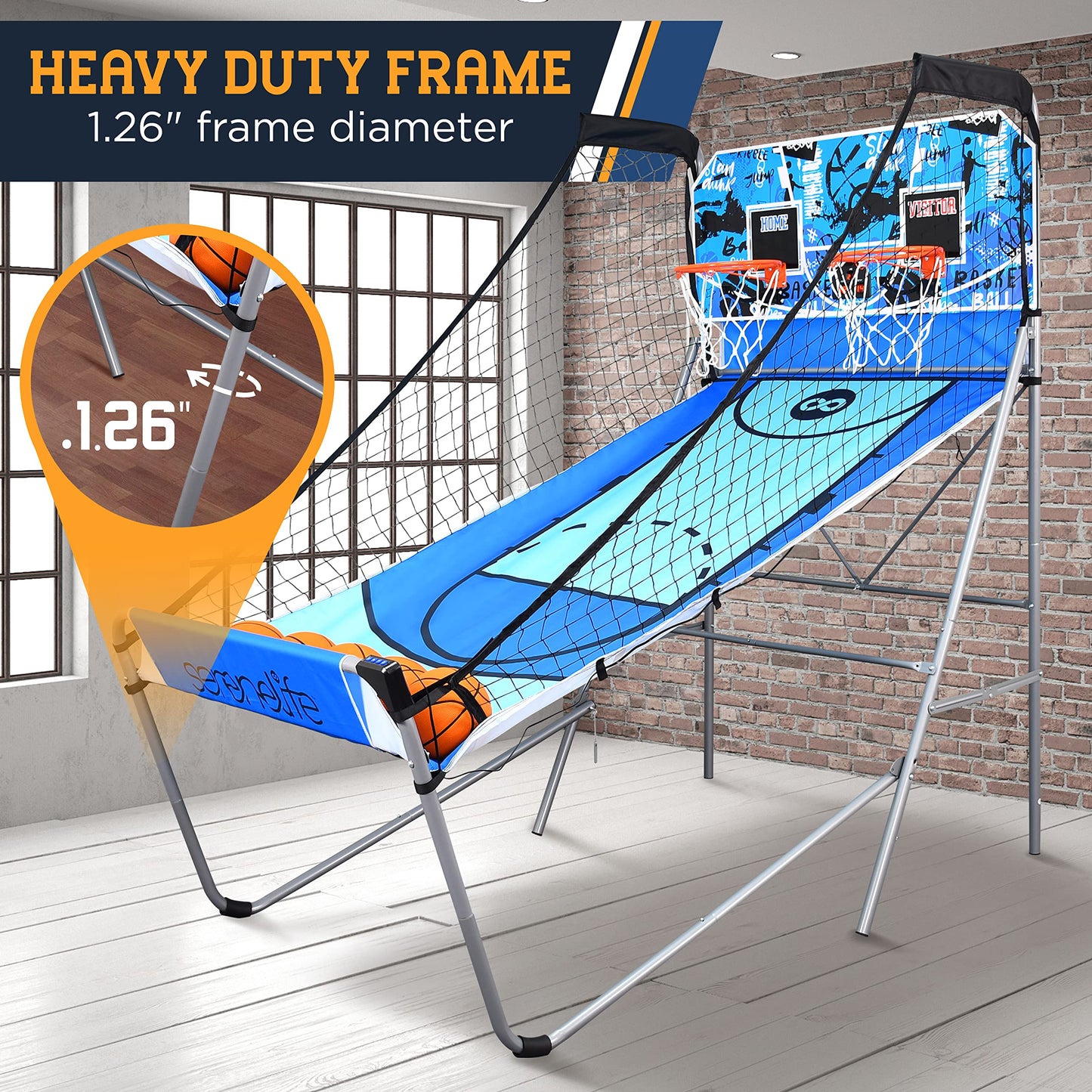 SereneLife Arcade Basketball Game Indoor Shootout, Heavy Duty Foldable Dual Hoop with Electronic Shot Scoreboard, Play Timer, Pre-Assembled Frame