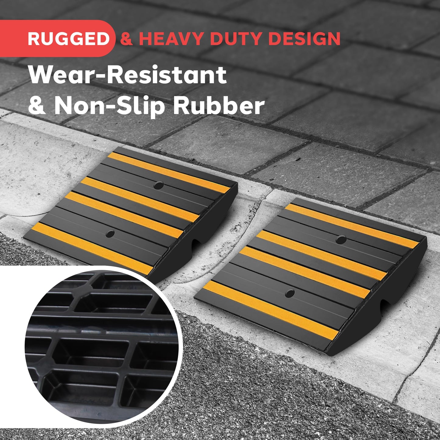 Pyle 1 Ft. Rubber Curb Ramp - Pack of 2 Heavy Duty Non-Slip Threshold Ramps for Driveways & Sidewalks, Yellow Reflective Strips, Marine Grade, Expansion Screws Included, 12.0’’x 16.0’’ x 2.6’’ Inches