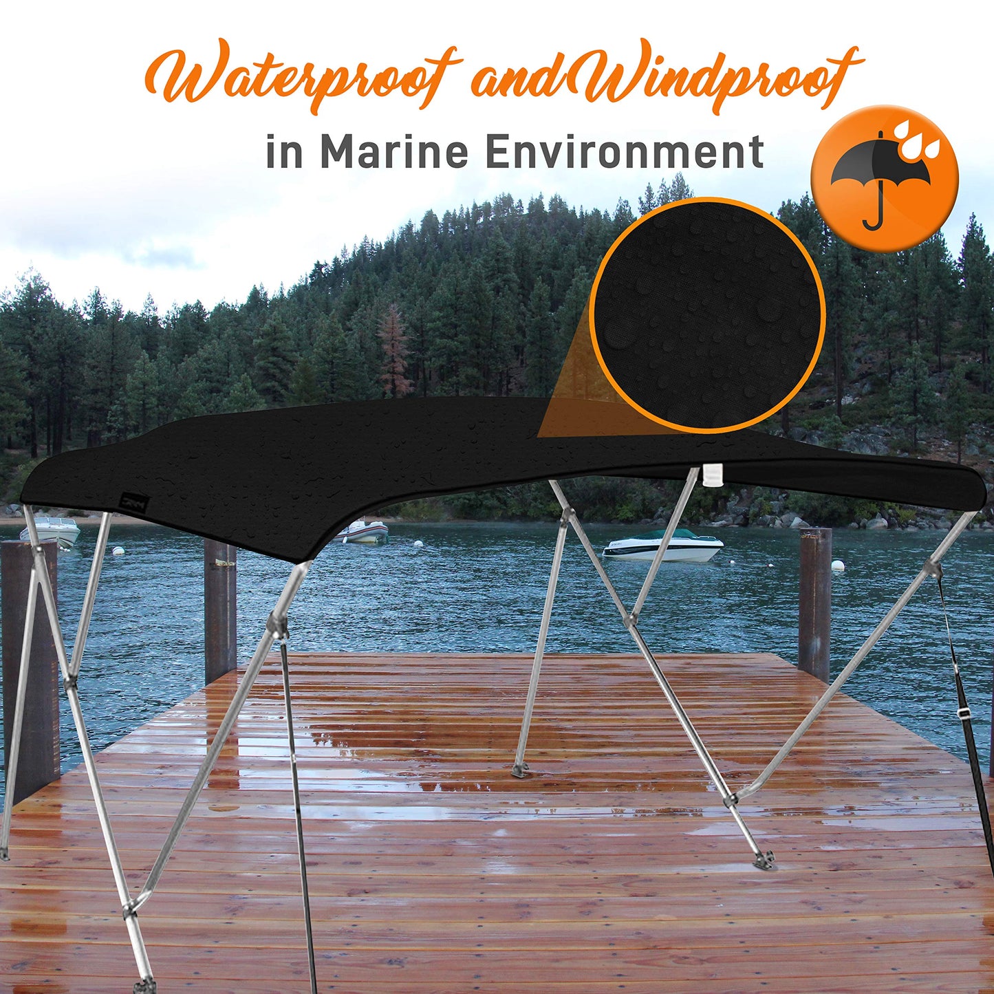 SereneLife 4 Bow Bimini Top Boat Cover – 96" L x 79-84" W x 54" H, Waterproof & UV-Resistant, Easy Install with Front Straps, Rear Support Arms & Free Storage Boot (Gray)