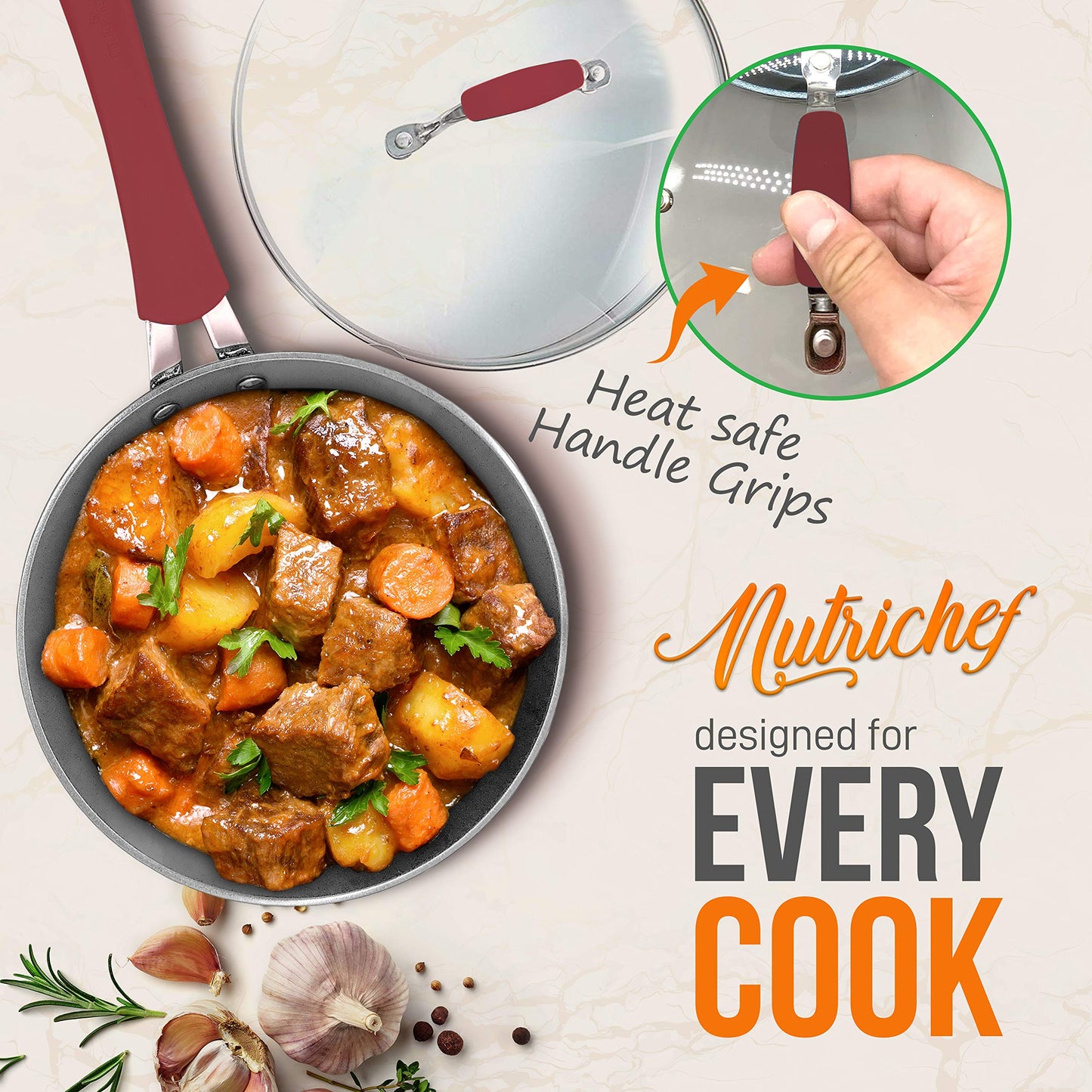 Non-stick Kitchenware Pots & Pans - 11 Pcs. Stylish Kitchen Cookware Set w/Elegant Lines Pattern, Gray Inside & Red Outside, Metal + Silicone Handle, PTFE/PFOA/PFOS Free - NutriChef NCCW11RDL