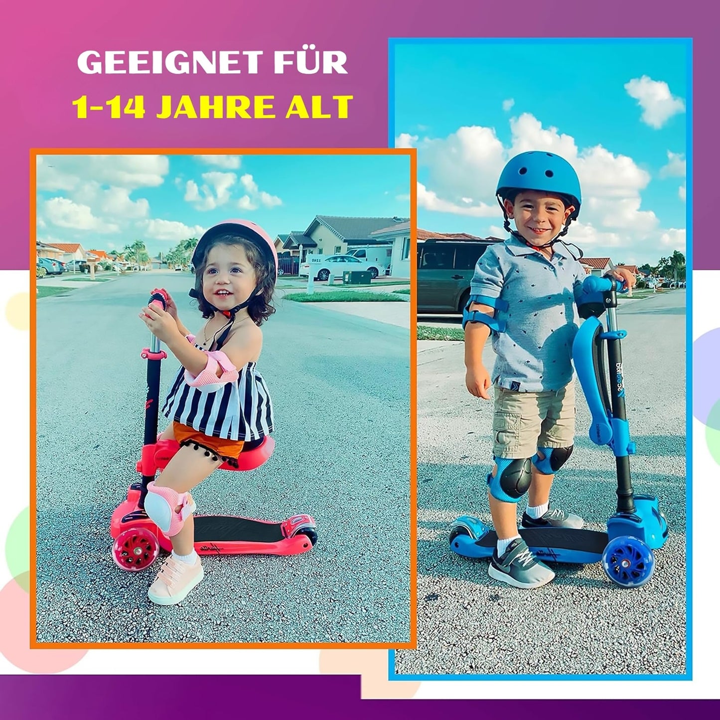 Hurtle Kids Scooter - Child Toddler Kick Scooter Toy with Foldable Seat - 3 Wheel Scooter with Adjustable Height, Anti-Slip Deck, Flashing Wheel Lights, for Boys/Girls 1-12 Year Old, Pink