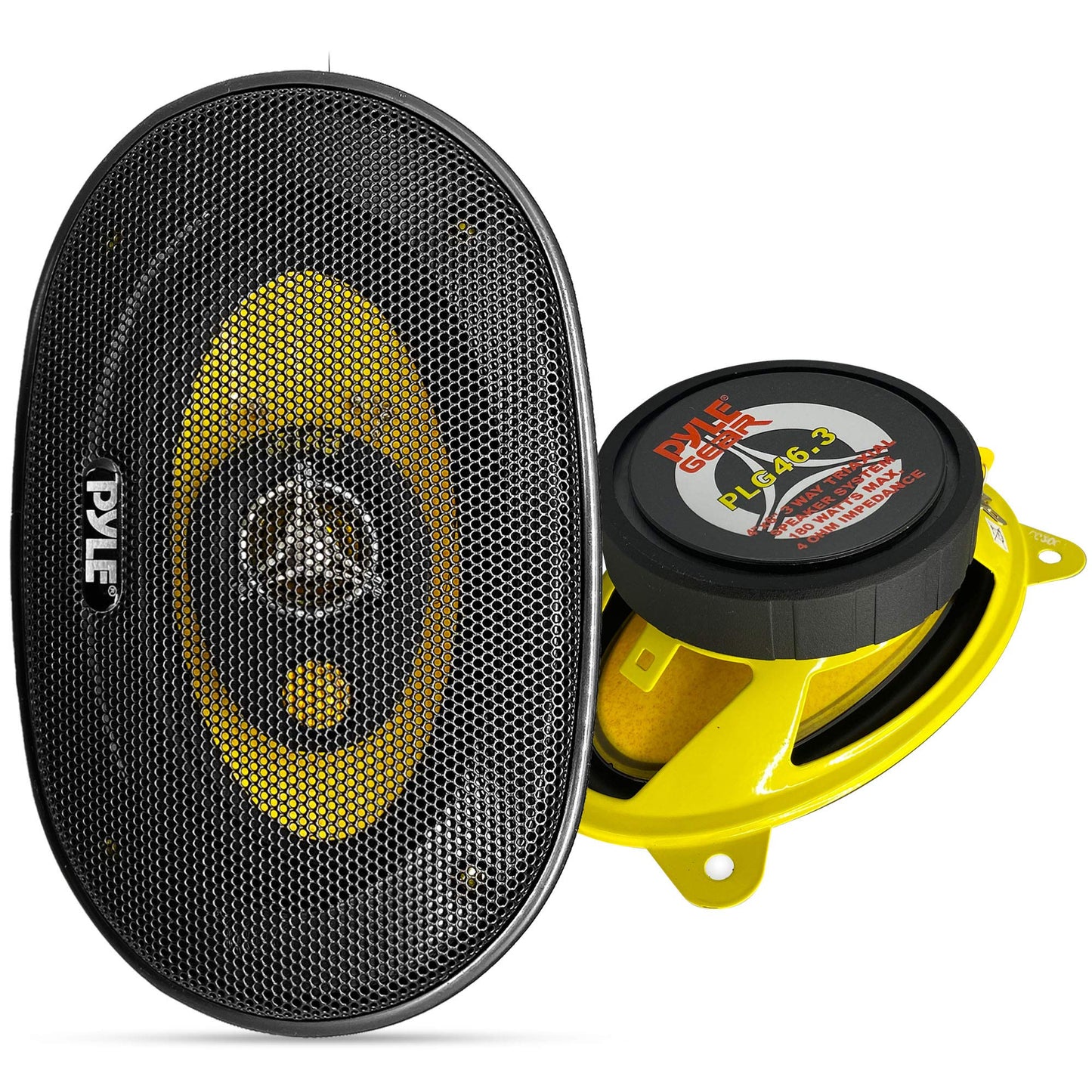Pyle Car Three-Way Speaker System-Pro 4x6Inch 180W 4Ohm Mid Tweeter Component Audio Sound Speakers For Car Stereo w/30Oz Magnet Structure, 2” Mount Depth Fits Standard OEM-PLG46.3 (Pair),Black/Yellow