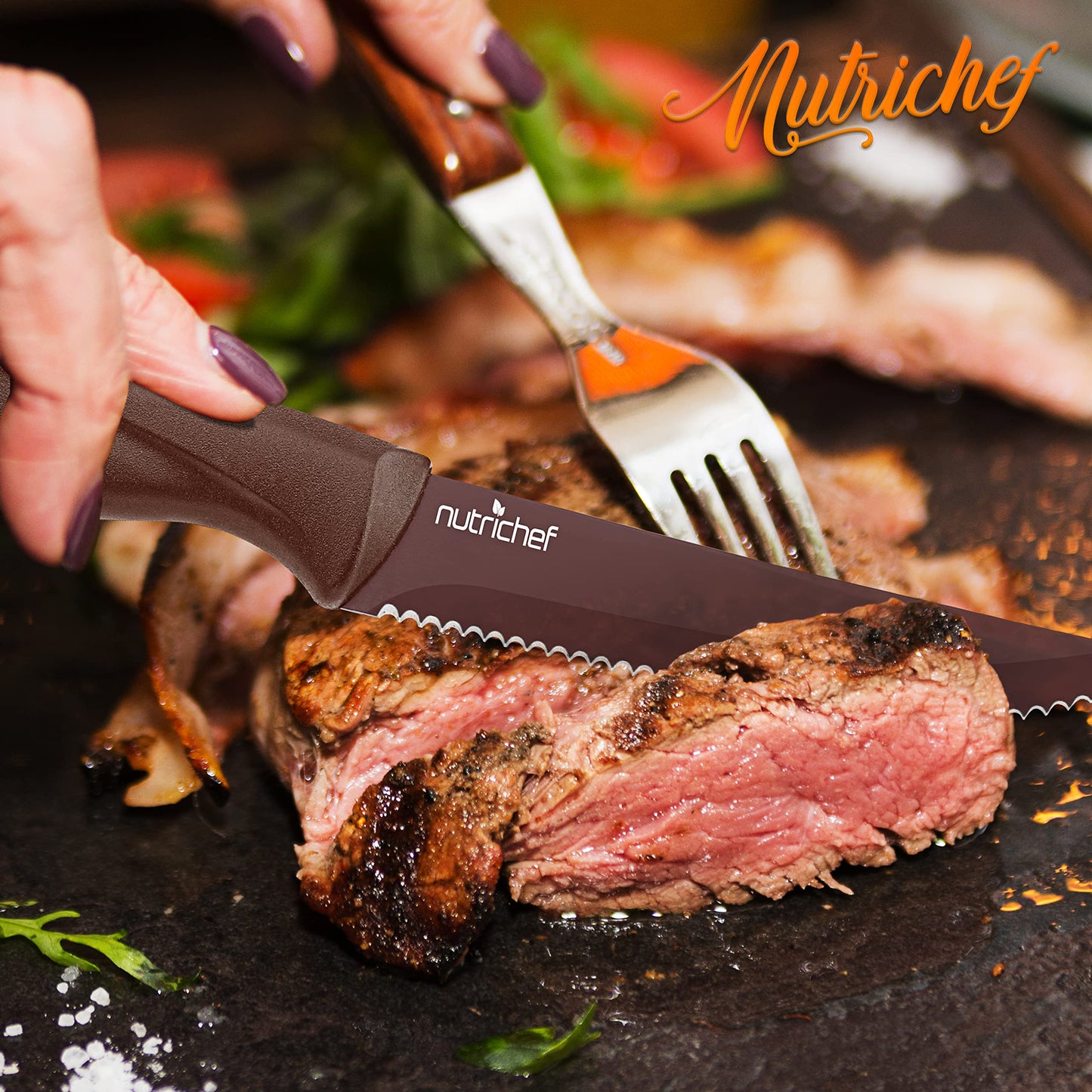 NutriChef 8 Piece Kitchen Knife Set - Multi-purpose Unbreakable Ergonomic Non-stick Stainless Steel Kitchen Steak Knives Set with Fully Serrated Blades - Great for BBQ Grill - NCSK8BW,Brown