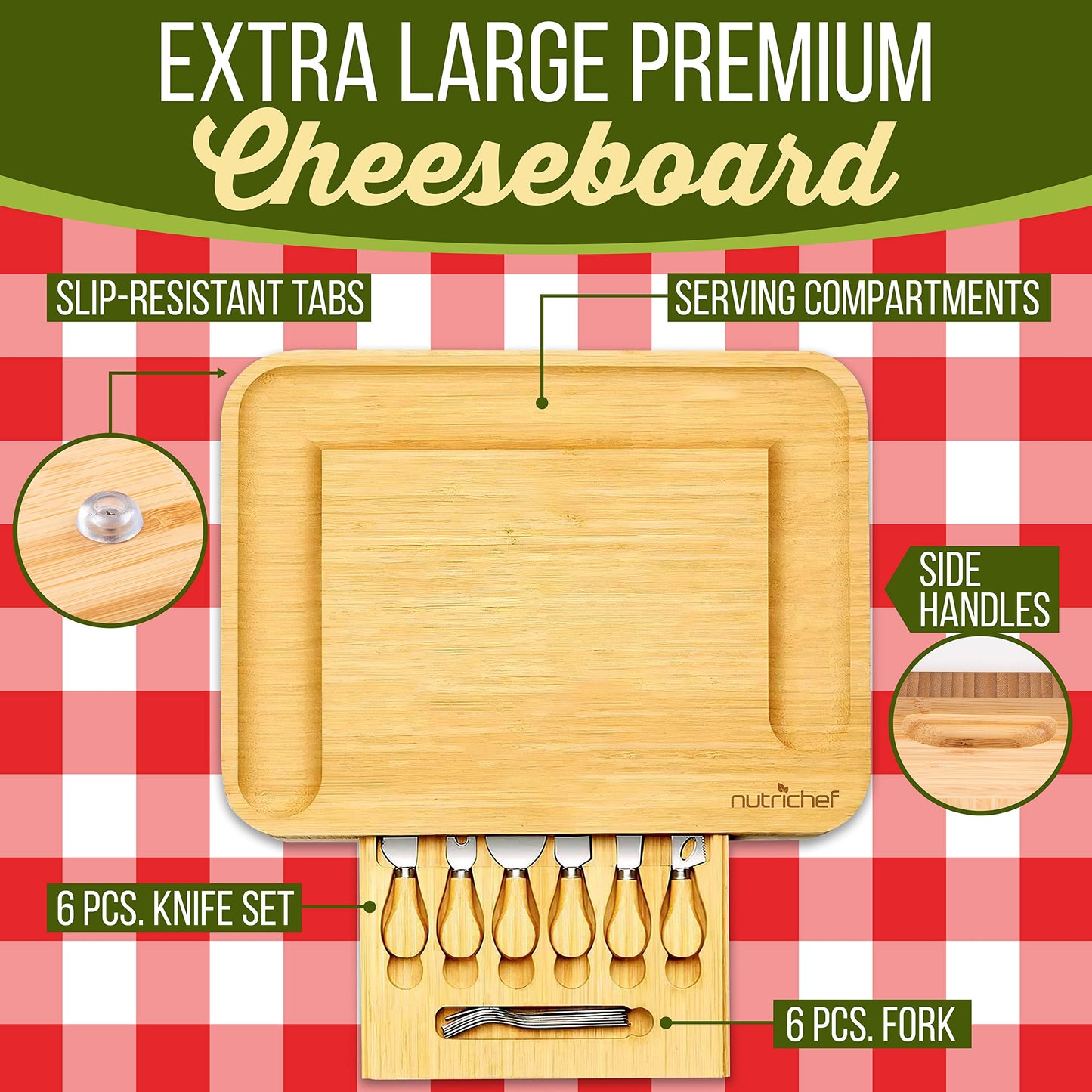 NutriChef 13" Round Bamboo Charcuterie Board Set—Extra Large Organic Cheese Platter with Magnetic Sliding Lid, 6 Stainless Steel Knives & Forks, and Premium Gift Box