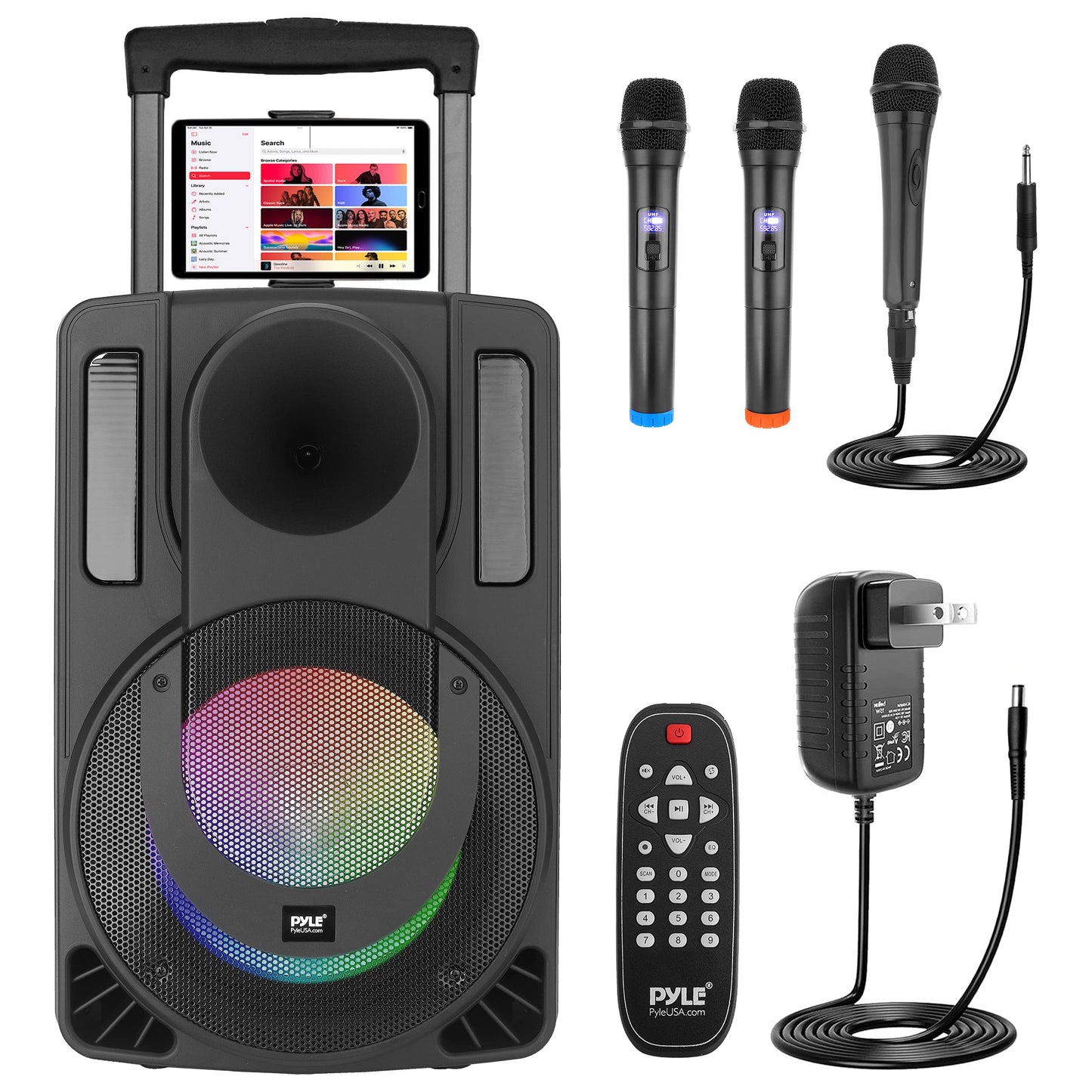 Pyle PHPWA15TB 15’' Portable PA Speaker System - Wireless BT Streaming PA & Karaoke Party Audio Speaker, Two Wireless Mic, Wired Microphone, Tablet Stand, Flashing Party Lights, MP3/USB/FM Radio