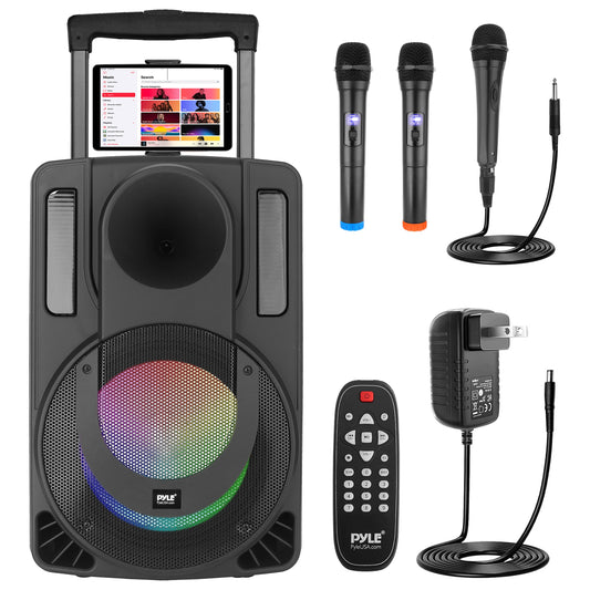 Pyle PHPWA15TB 15’' Portable PA Speaker System - Wireless BT Streaming PA & Karaoke Party Audio Speaker, Two Wireless Mic, Wired Microphone, Tablet Stand, Flashing Party Lights, MP3/USB/FM Radio