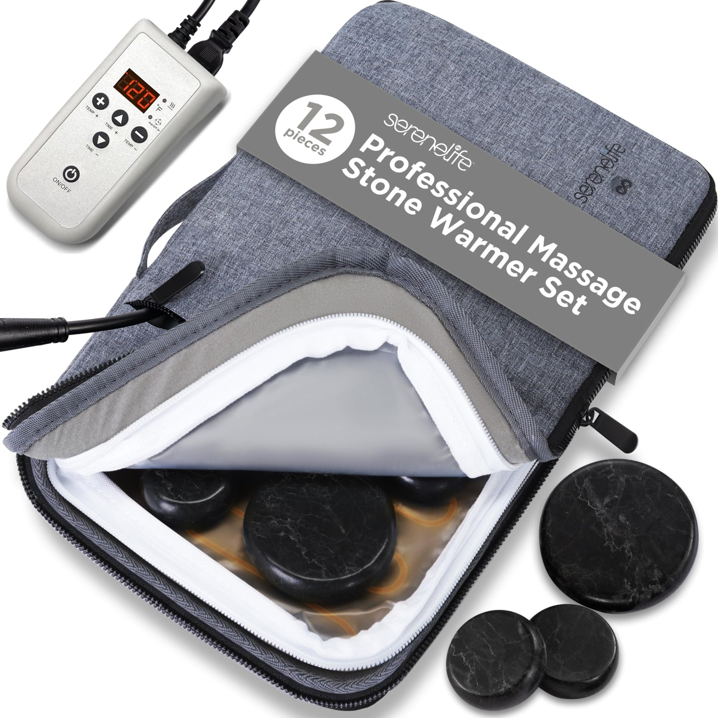 Massage Stone and Heating Bag Set - Electric Spa Portable Heated 12 Rocks Massage Stones and Warmer Set, Heat Rock Massaging Kit 6 Large and 6 Small Black Basalt Kit