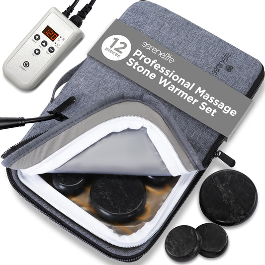 Massage Stone and Heating Bag Set - Electric Spa Portable Heated 12 Rocks Massage Stones and Warmer Set, Heat Rock Massaging Kit 6 Large and 6 Small Black Basalt Kit