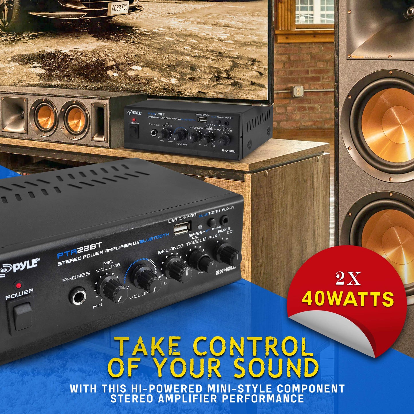 Pyle Bluetooth 5.0 Mini Home Audio Amplifier - 40W x 2 Compact Desktop Stereo Receiver with USB - SD - FM - Mic Input - Pager & Mixer Karaoke Modes - RCA Input - AUX - Headphone Jack - PTA22BT