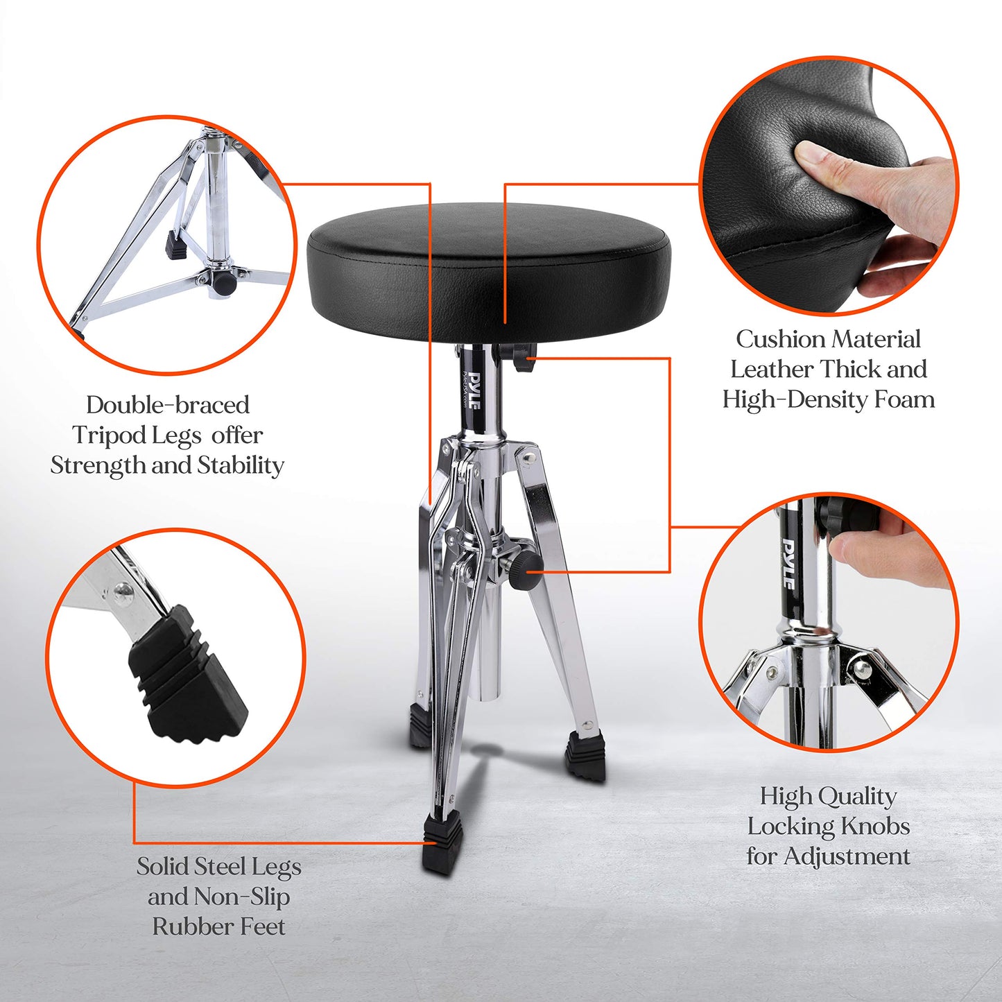 Pyle Adjustable Drum Throne Stool - Portable with Double-braced Tripod Legs, Foam-Cushioned Seat, Perfect for On Stage and in-Studio Use PSEATDRM28