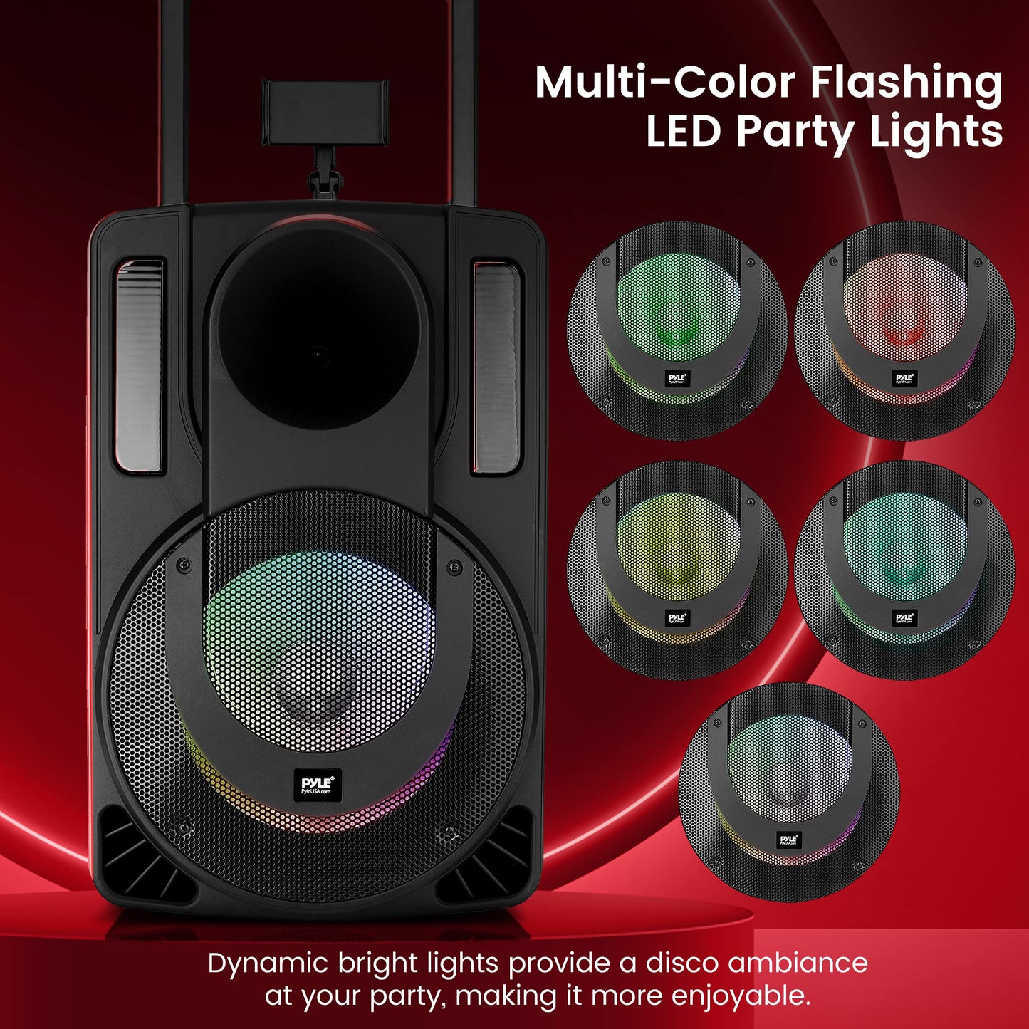 Pyle PHPWA15TB 15’' Portable PA Speaker System - Wireless BT Streaming PA & Karaoke Party Audio Speaker, Two Wireless Mic, Wired Microphone, Tablet Stand, Flashing Party Lights, MP3/USB/FM Radio